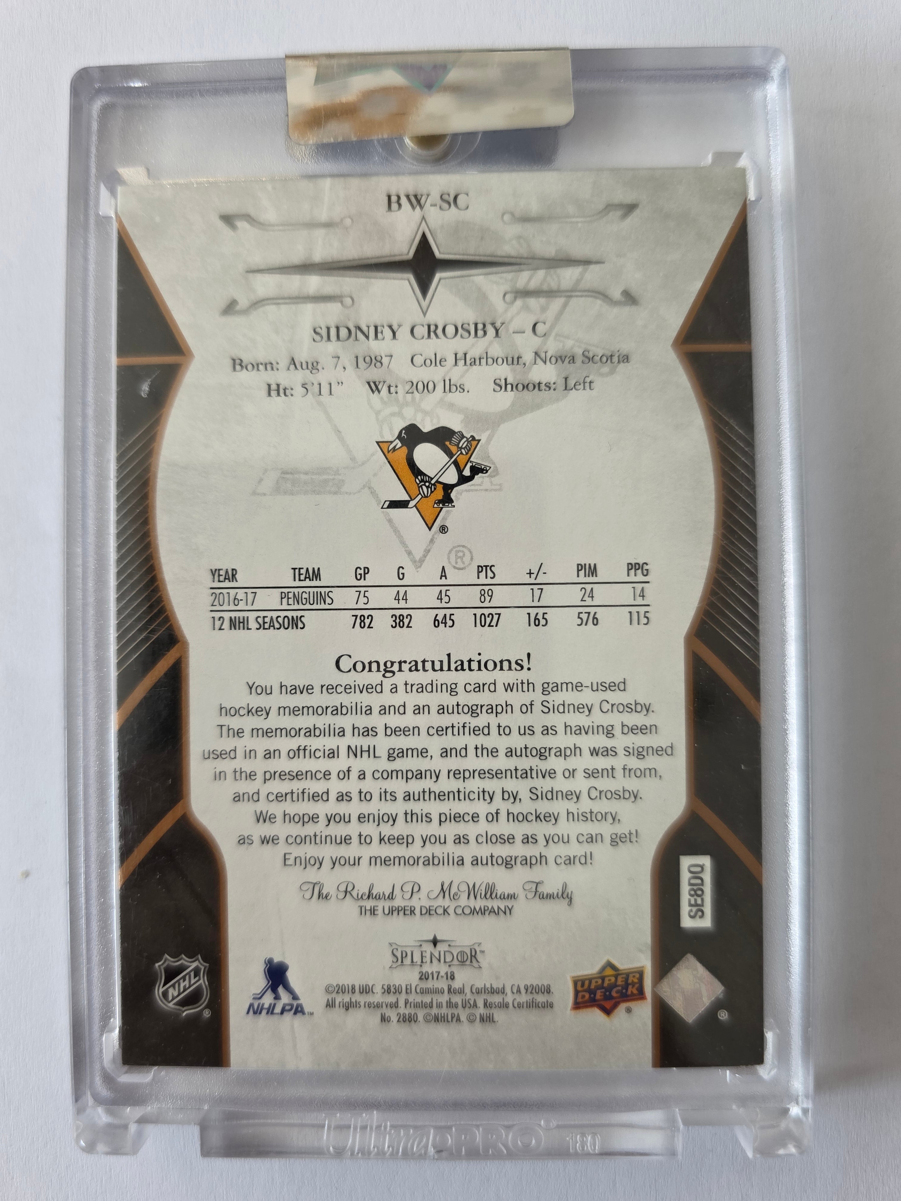 Sidney Crosby – 2017-18 Upper Deck Splendor Black & White Copper Patch Auto