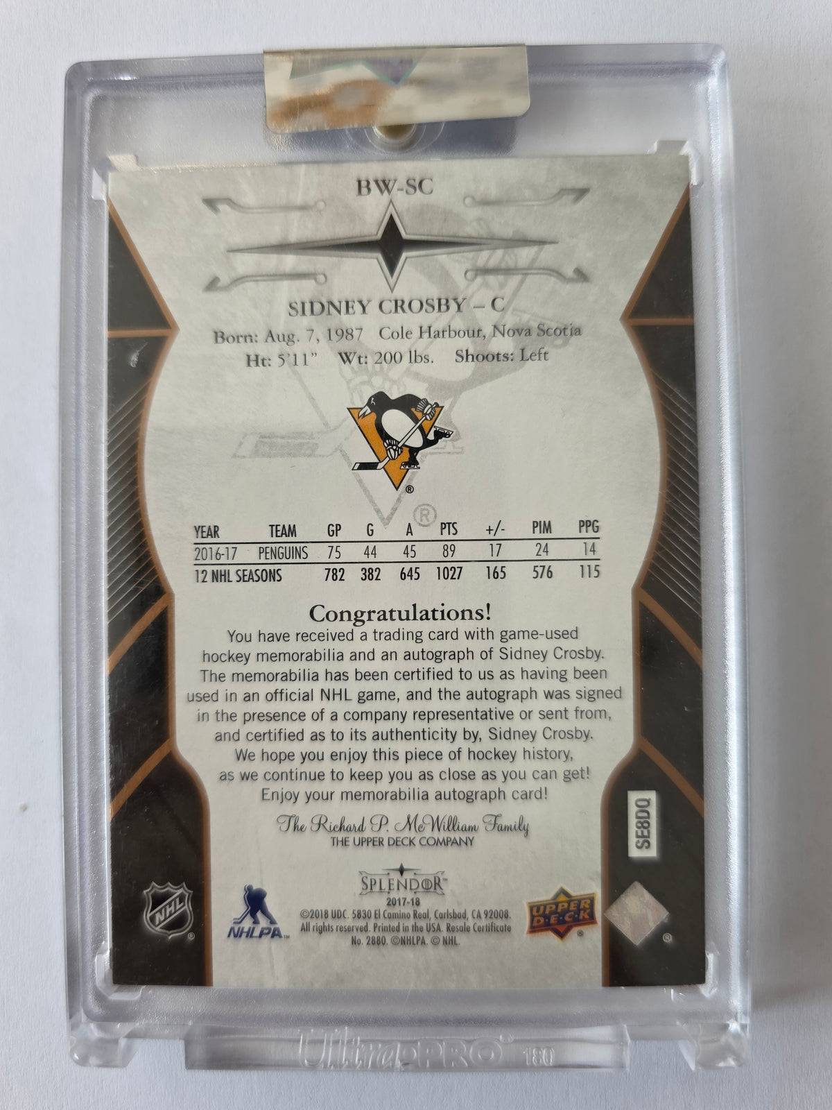 Sidney Crosby – 2017-18 Upper Deck Splendor Black & White Copper Patch Auto
