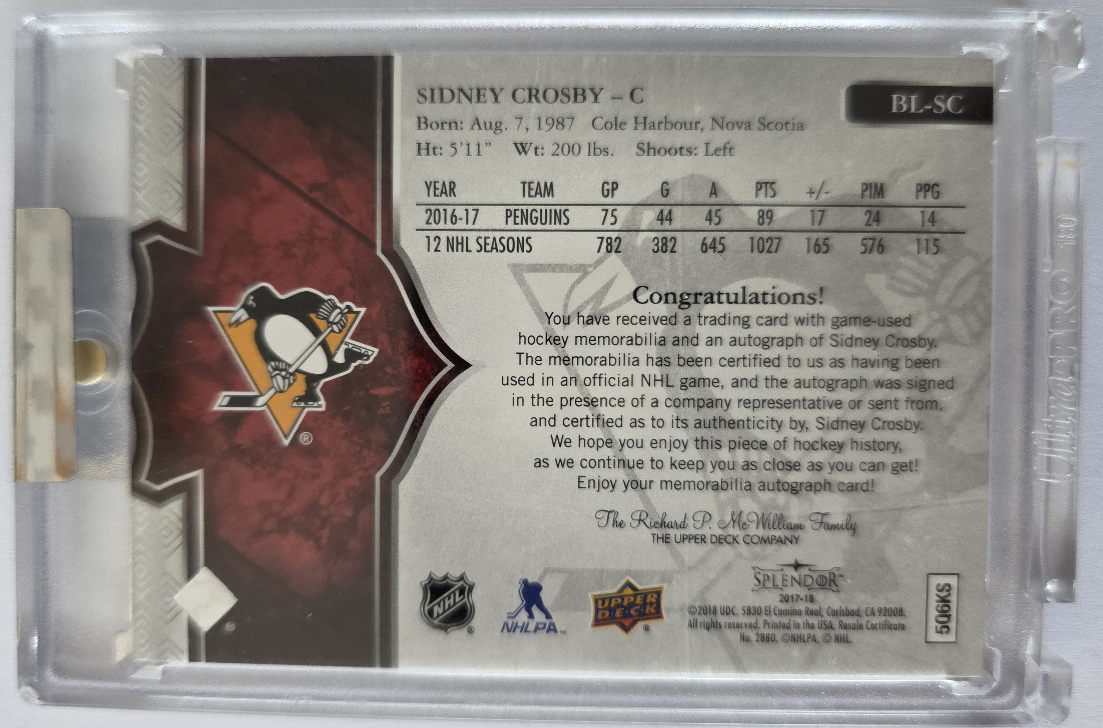 Sidney Crosby – 2017-18 Upper Deck Splendor Borderless Red Patch Auto
