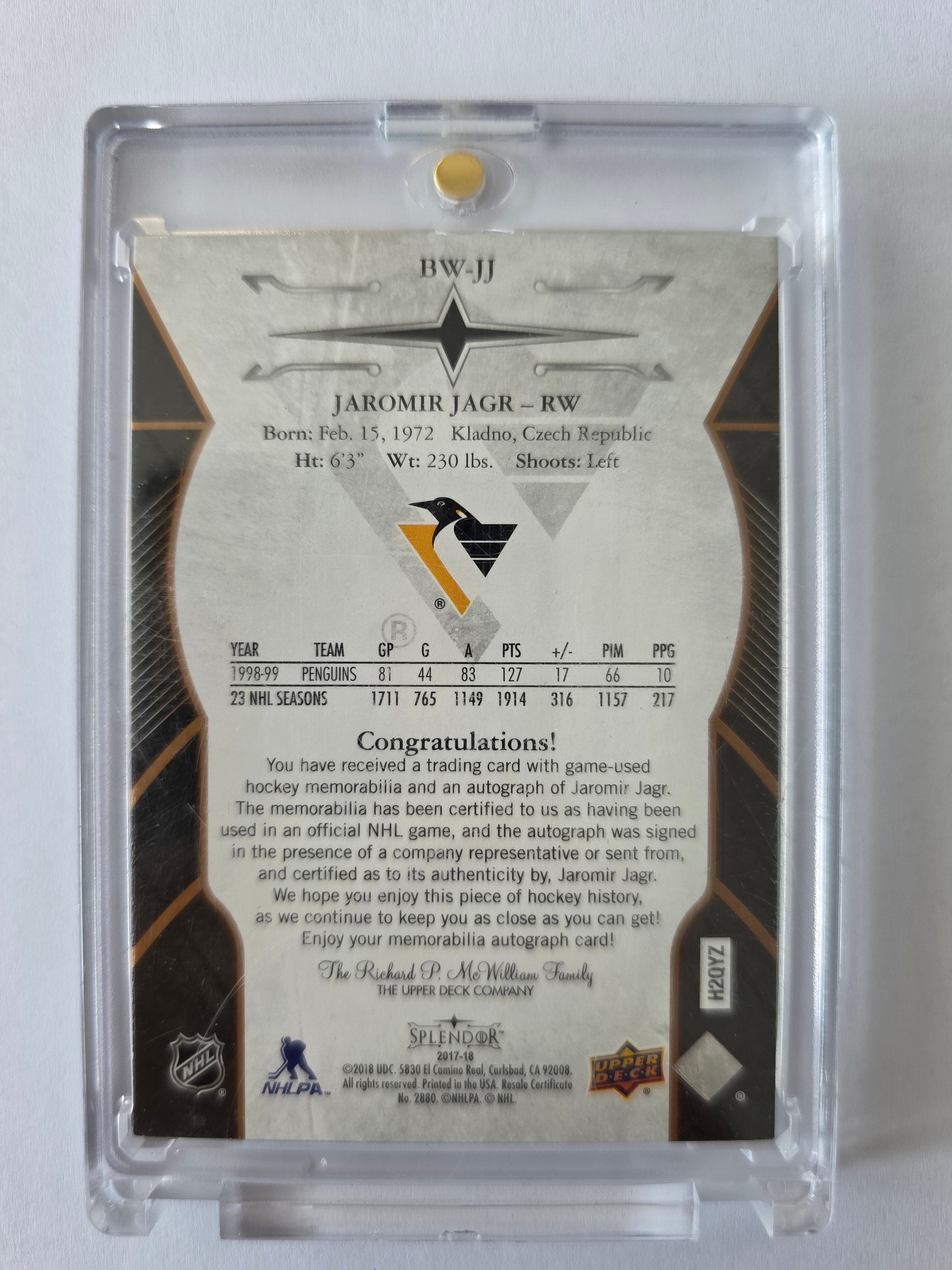 Jaromír Jágr – 2017-18 Upper Deck Splendor Black & White Copper Patch Auto