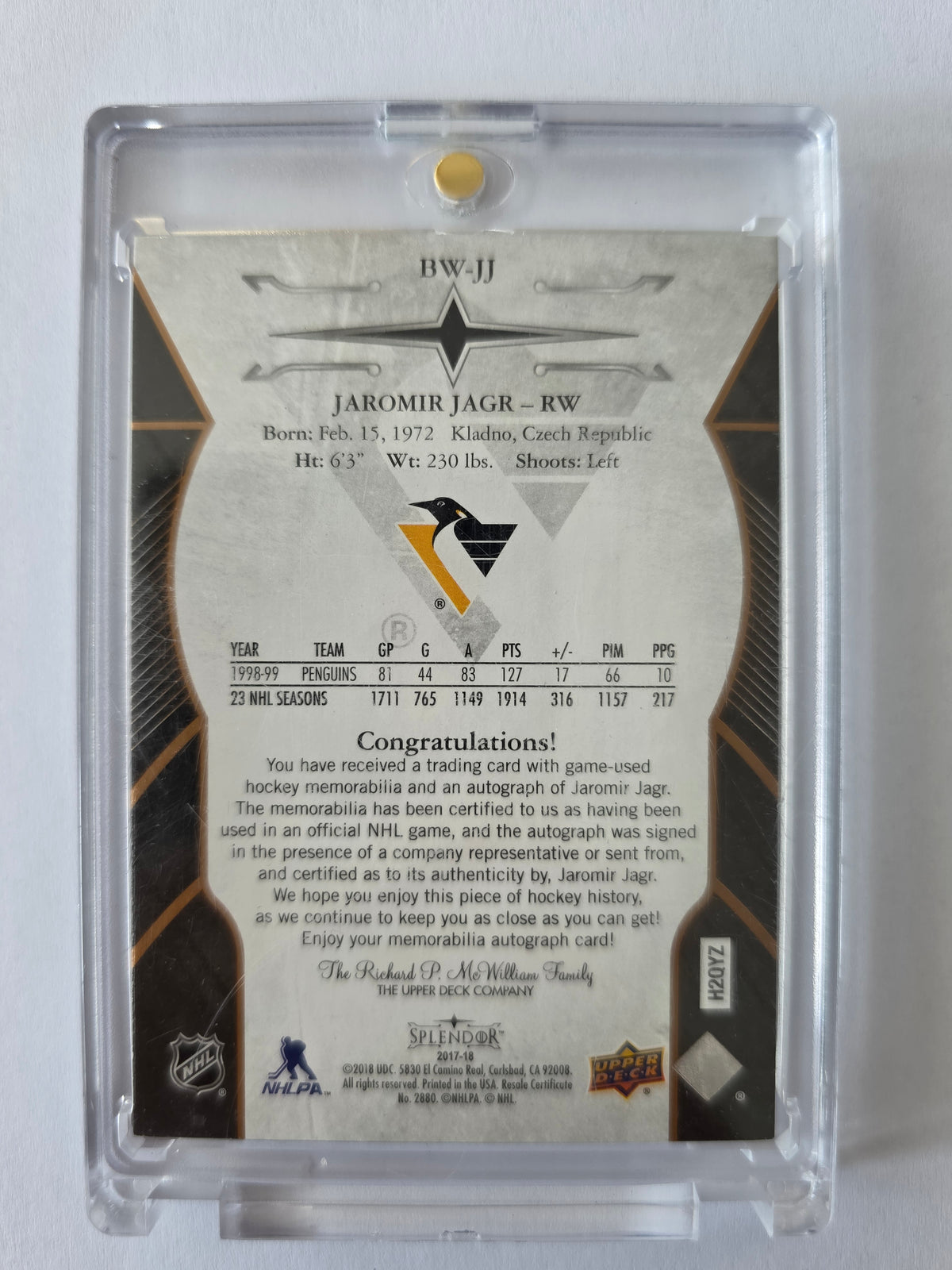 Jaromír Jágr – 2017-18 Upper Deck Splendor Black & White Copper Patch Auto