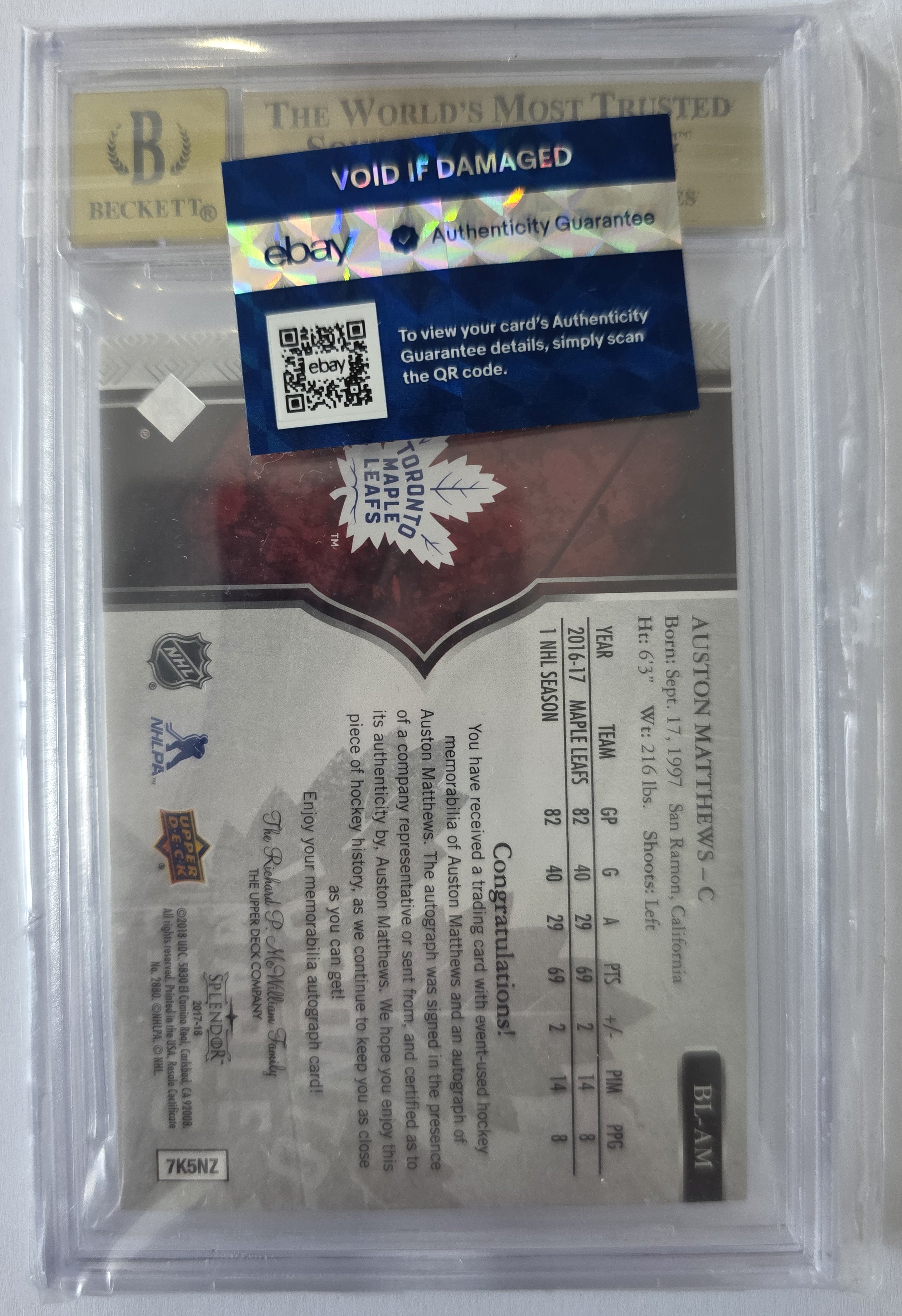 Auston Matthews – 2020-21 The Cup 2017-18 Splendor Borderless Red Patch Auto