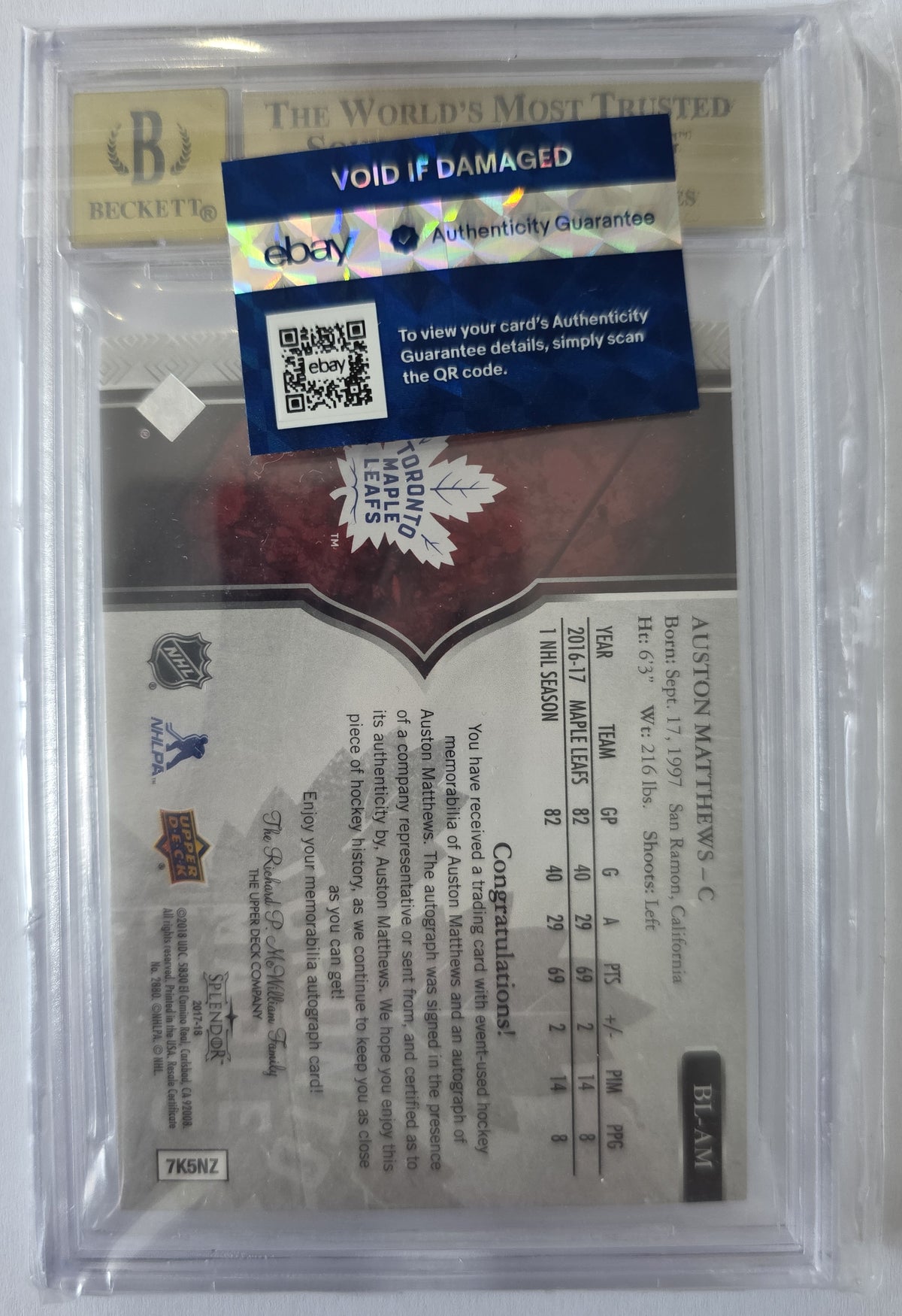 Auston Matthews – 2020-21 The Cup 2017-18 Splendor Borderless Red Patch Auto