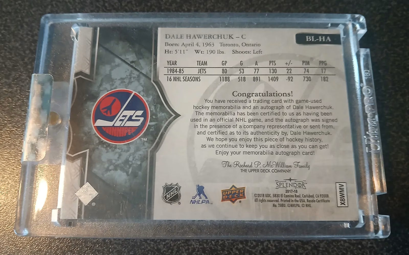 Dale Hawerchuk 2017-18 Upper Deck Splendor Borderless Silver Auto Stick #BL-HA 10/22