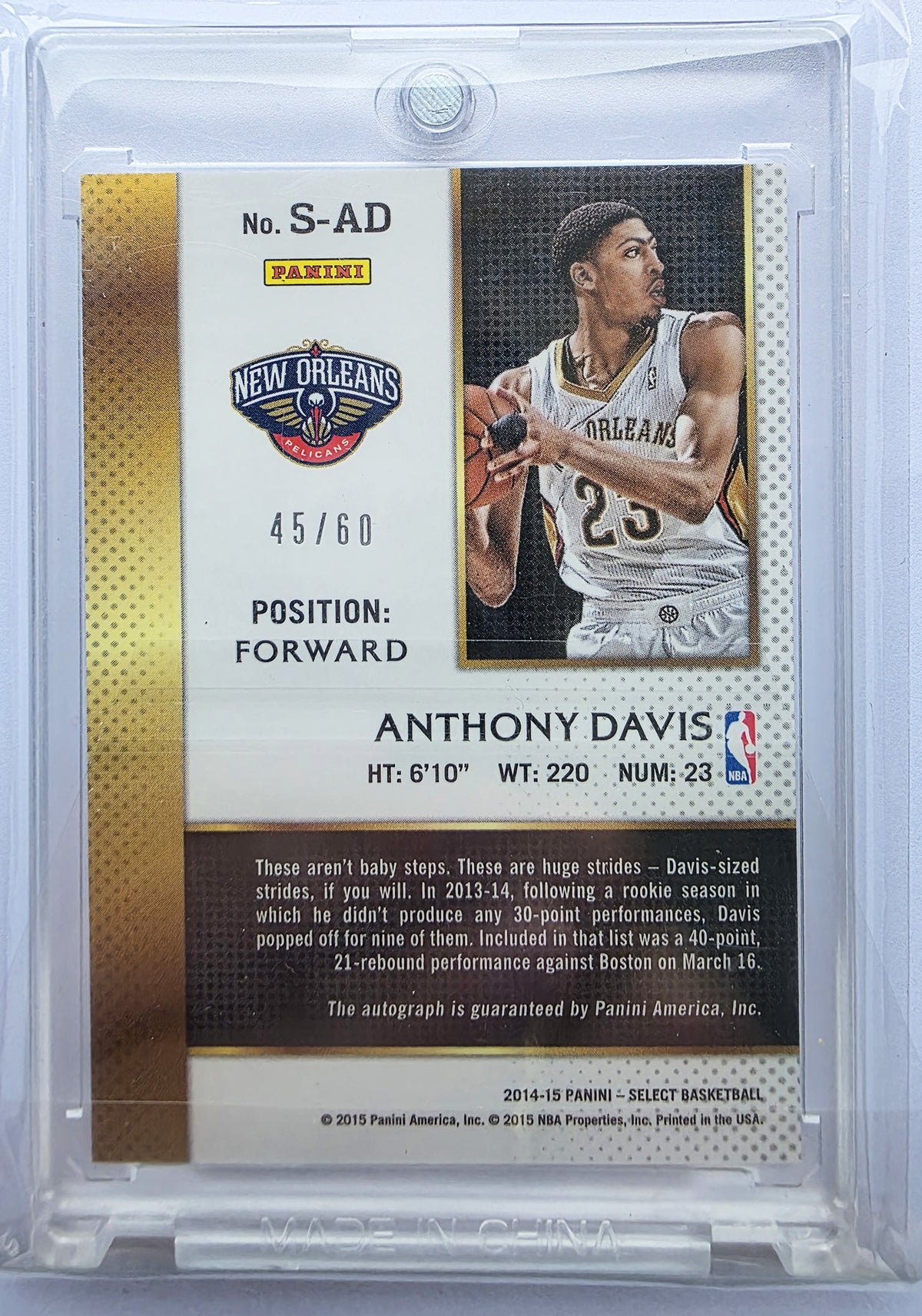 Anthony Davis 2014-15 Panini Select Signatures Auto /60 – 45/60
