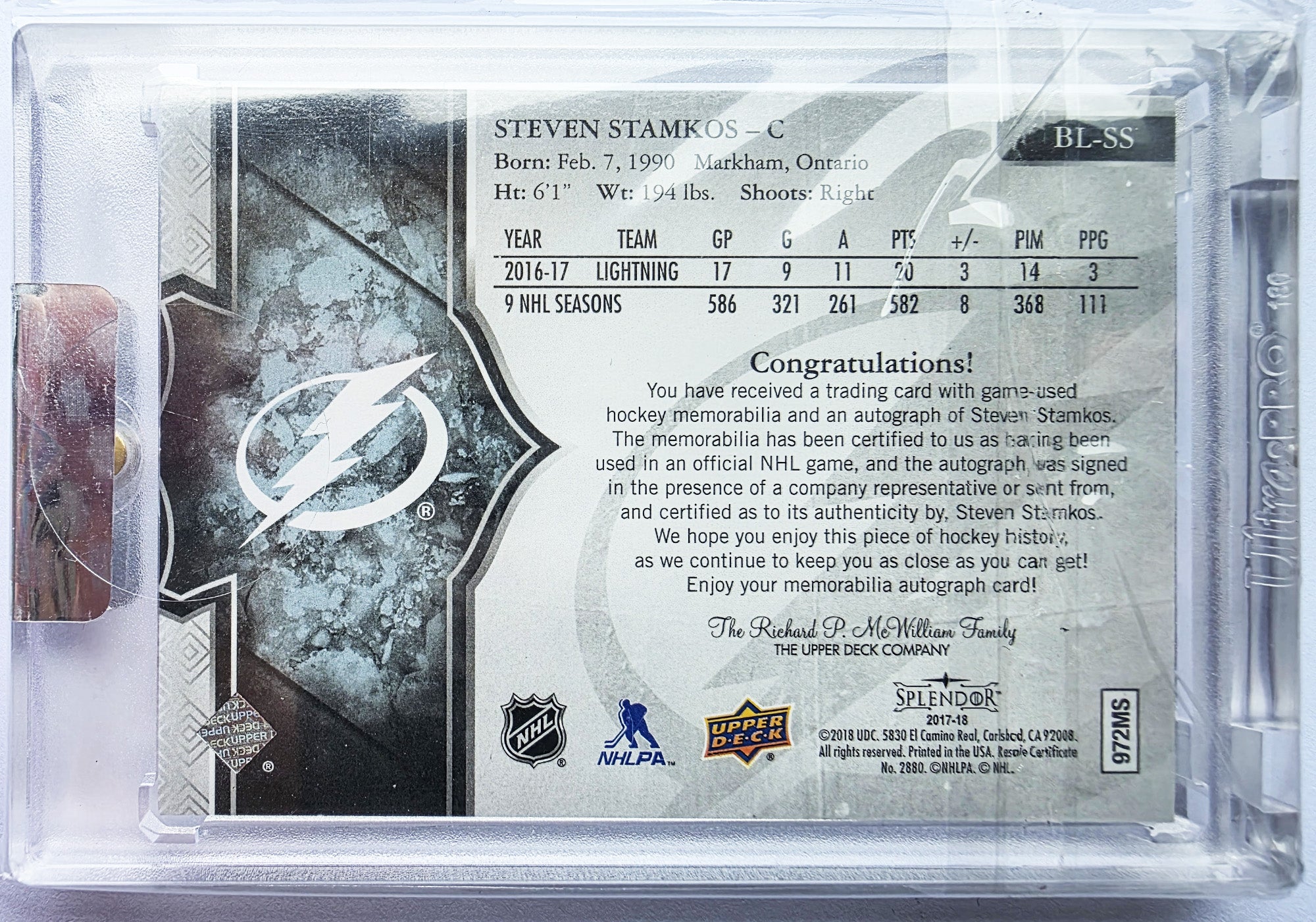 Steven Stamkos 2017-18 Upper Deck Splendor Borderless Patch Auto /36 – 07/36