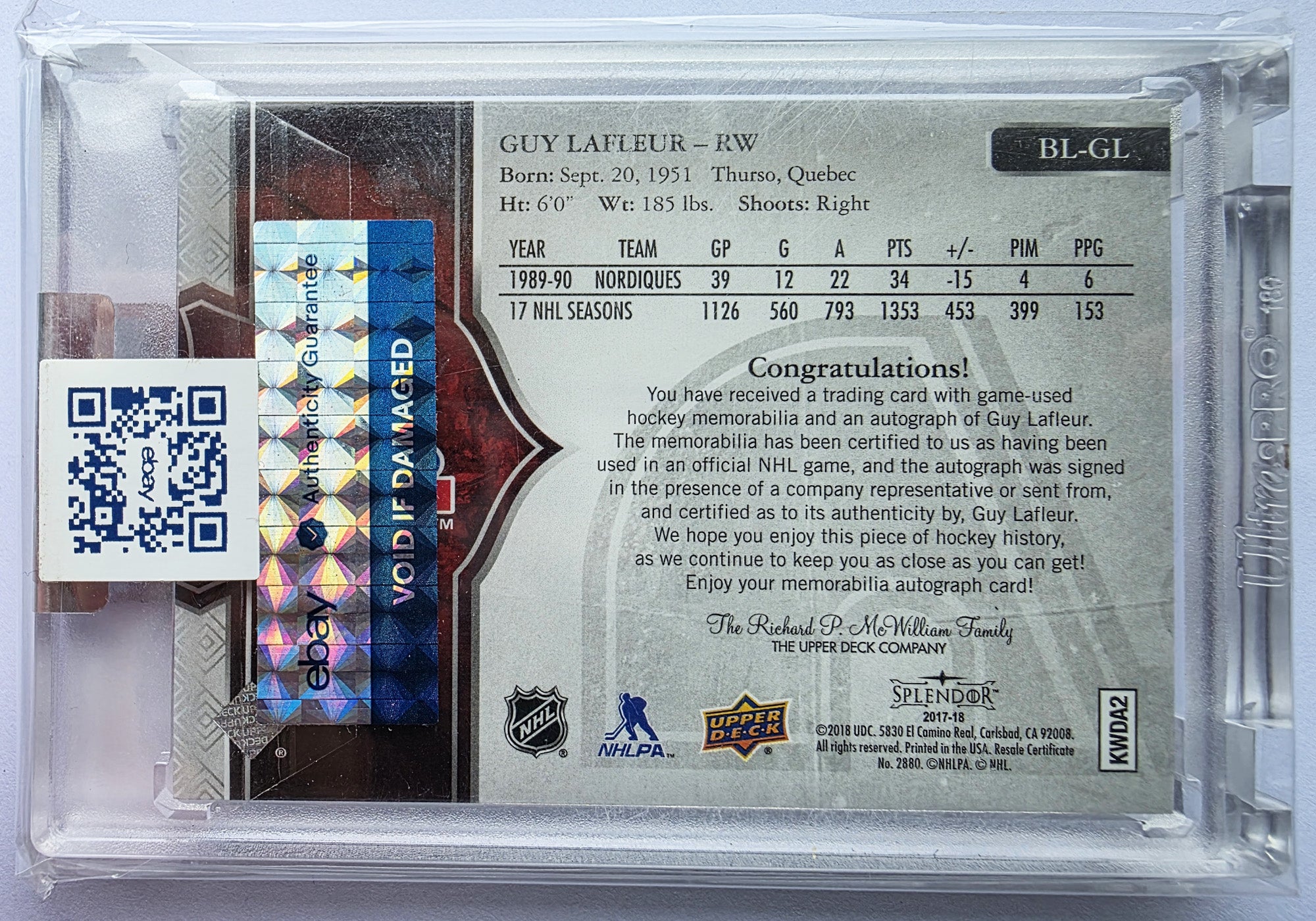 Guy Lafleur 2017-18 Upper Deck Splendor Borderless Red Patch Auto /11 – 09/11