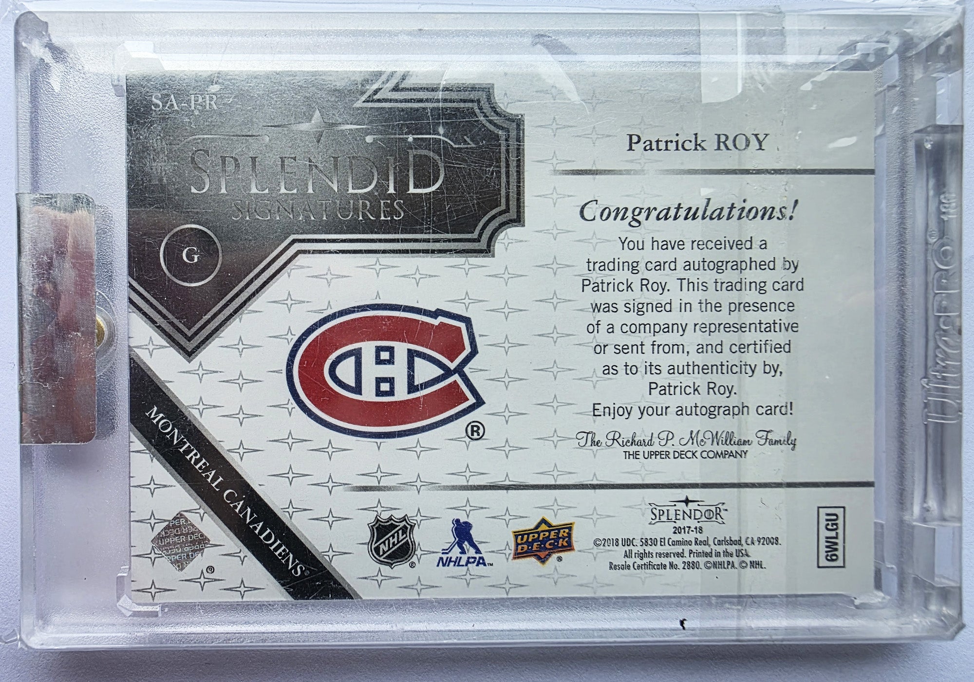 Patrick Roy 2017-18 Upper Deck Splendor Splendid Signatures Auto /24 – 01/24