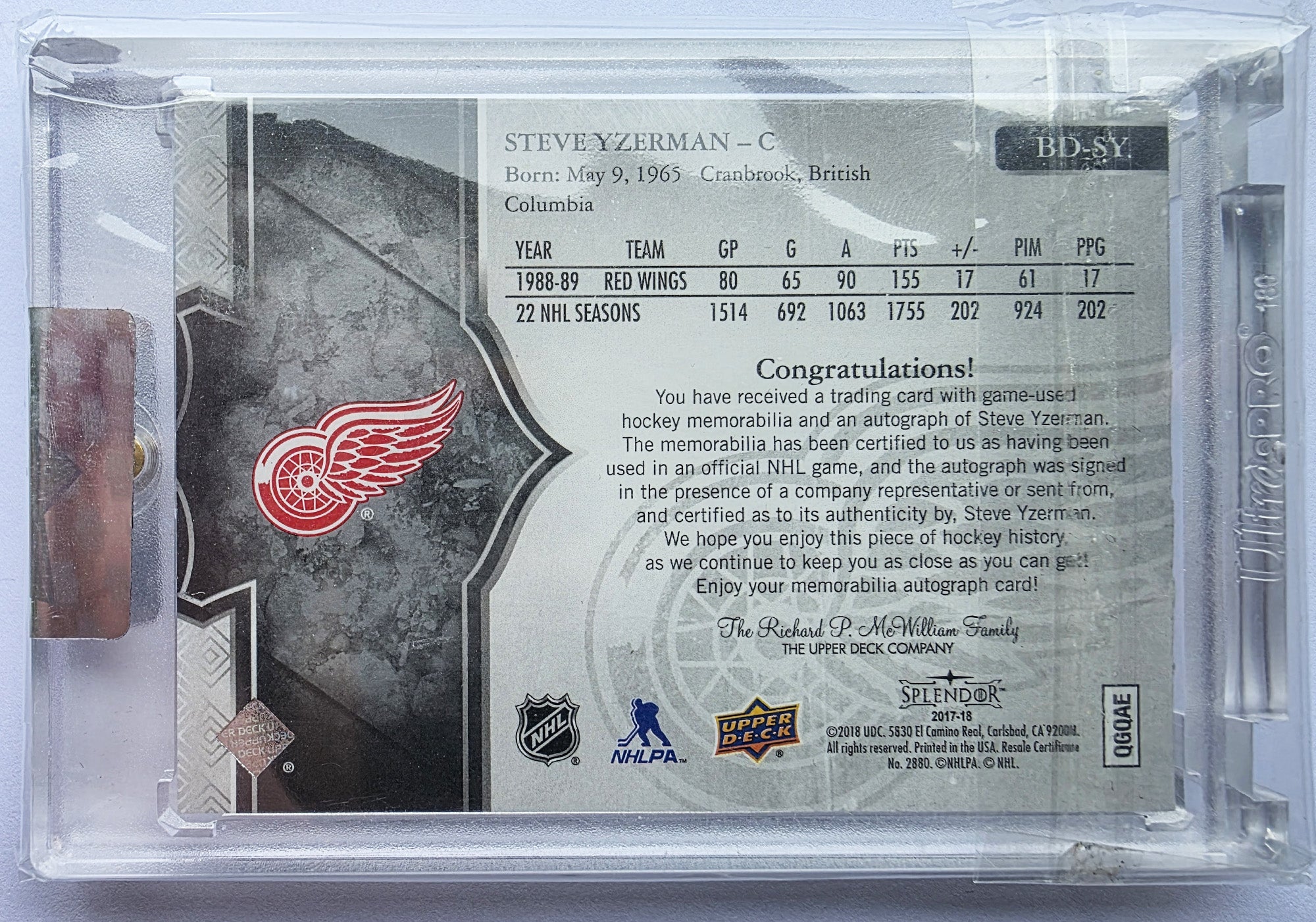 Steve Yzerman 2017-18 Upper Deck Splendor Bordered Silver Stick Auto /22 – 16/22