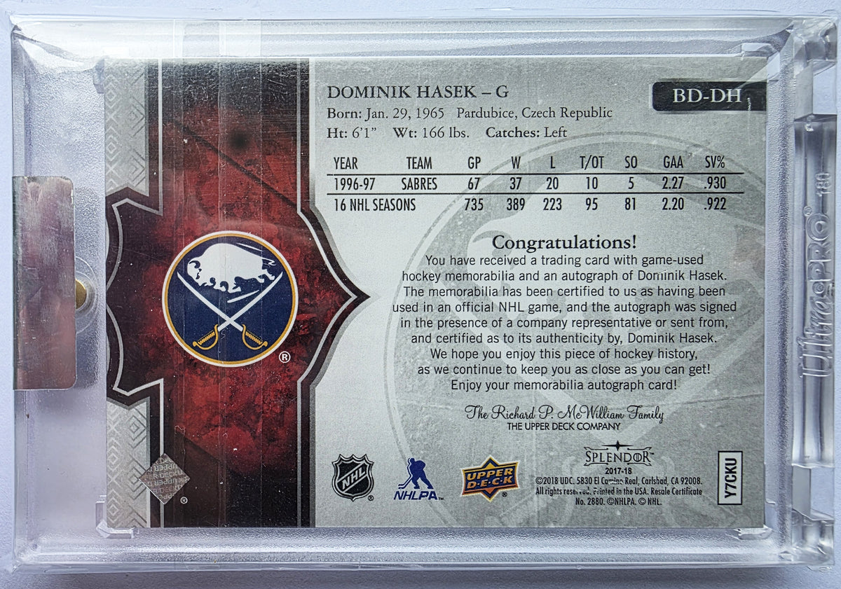 Dominik Hašek 2017-18 Upper Deck Splendor Unbordered Red Leg Pad Auto /11 – 05/11
