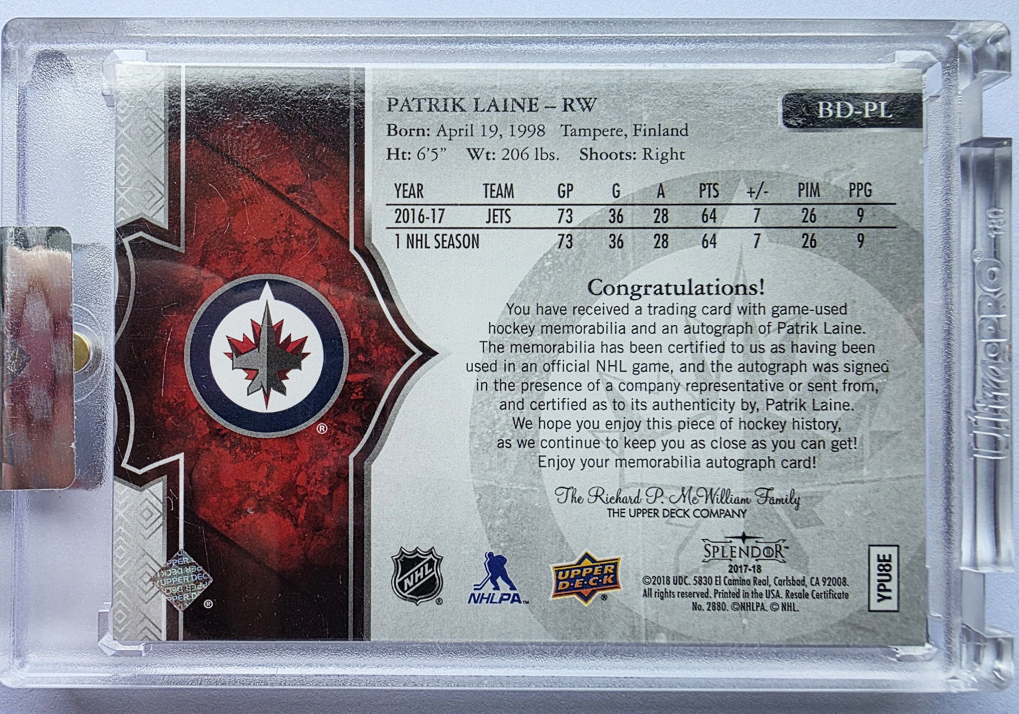 Patrik Laine 2017-18 Upper Deck Splendor Bordered Red Patch Auto /11 – 04/11
