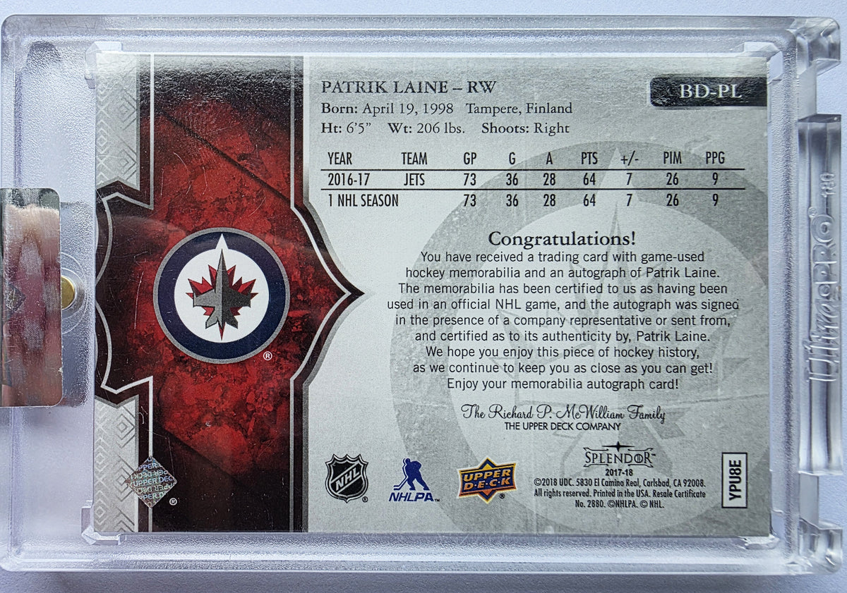 Patrik Laine 2017-18 Upper Deck Splendor Bordered Red Patch Auto /11 – 04/11