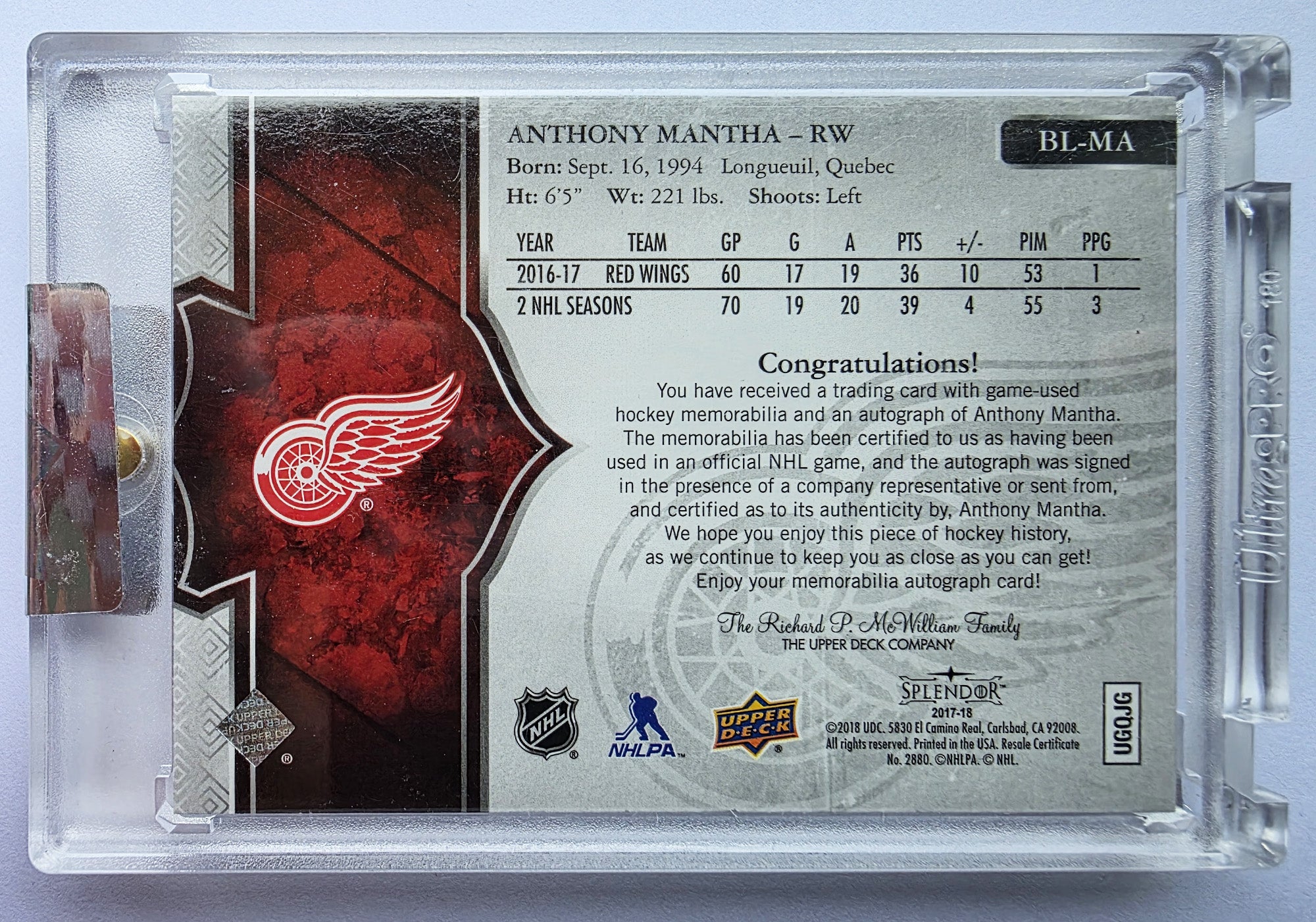 Anthony Mantha 2017-18 Upper Deck Splendor Borderless Red Patch Auto /11 – 01/11