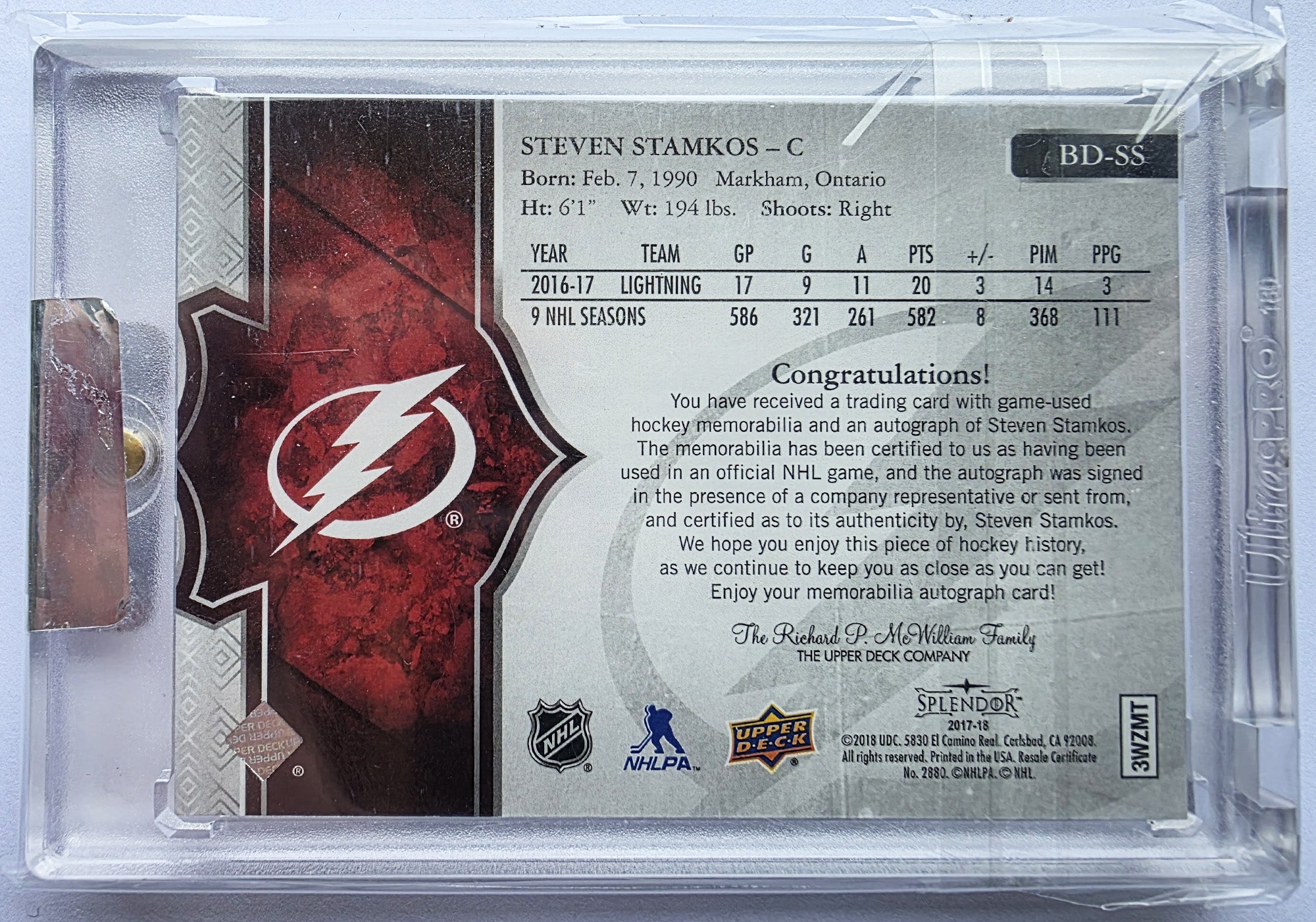 Steven Stamkos 2017-18 Upper Deck Splendor Bordered Red Patch Auto /11 – 07/11