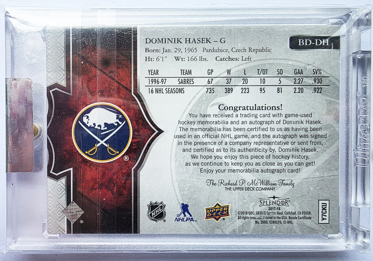 Dominik Hašek 2017-18 Upper Deck Splendor Bordered Red Leg Pad Auto /11 – 03/11