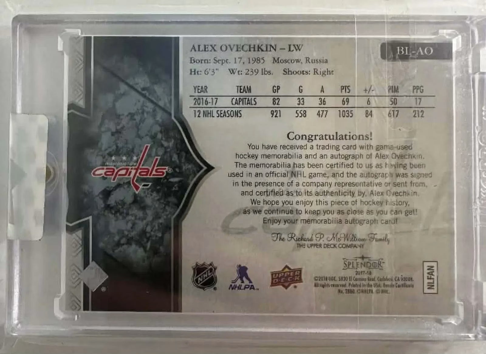 Alex Ovechkin 2017-18 Upper Deck Splendor Borderless Stick Auto #BL-AO 13/36