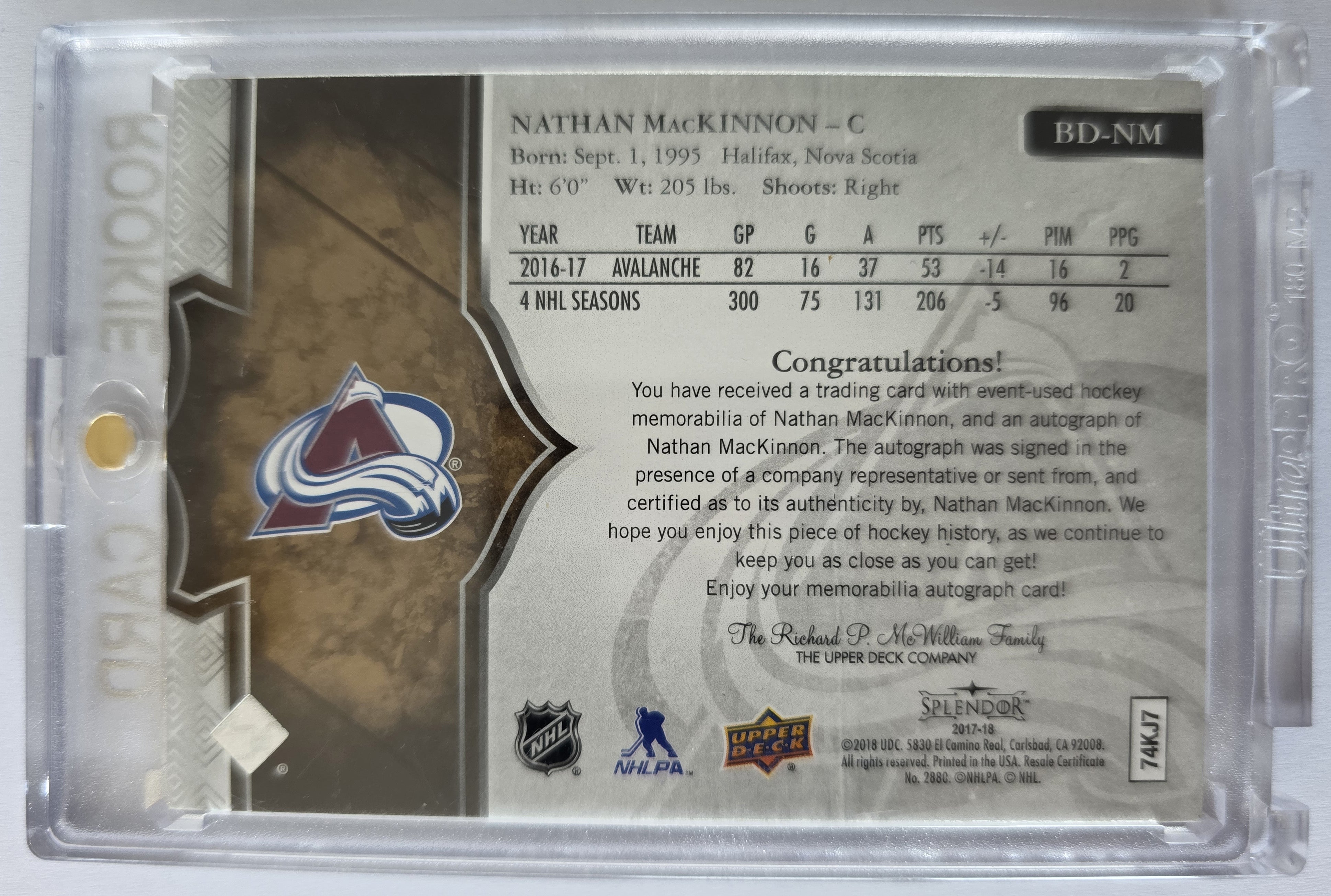 Nathan MacKinnon – 2020-21 The Cup 2017-18 Splendor Update Bordered Gold Patch Auto