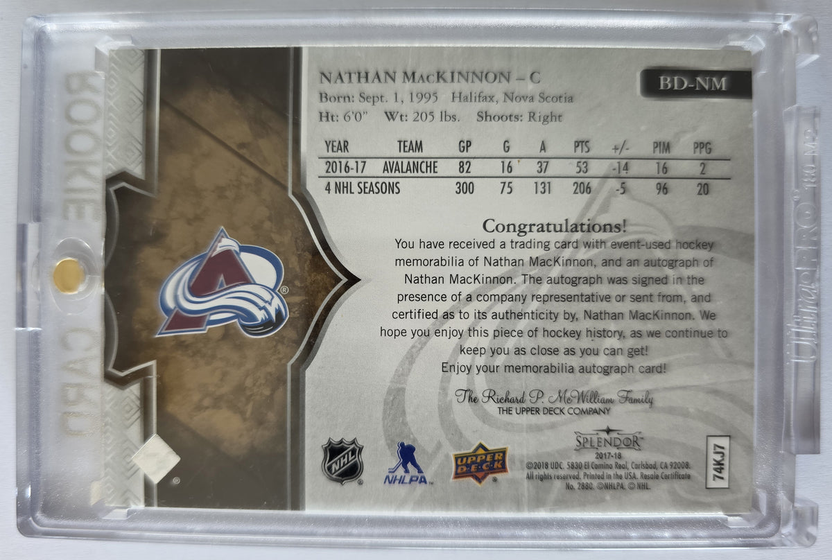 Nathan MacKinnon – 2020-21 The Cup 2017-18 Splendor Update Bordered Gold Patch Auto