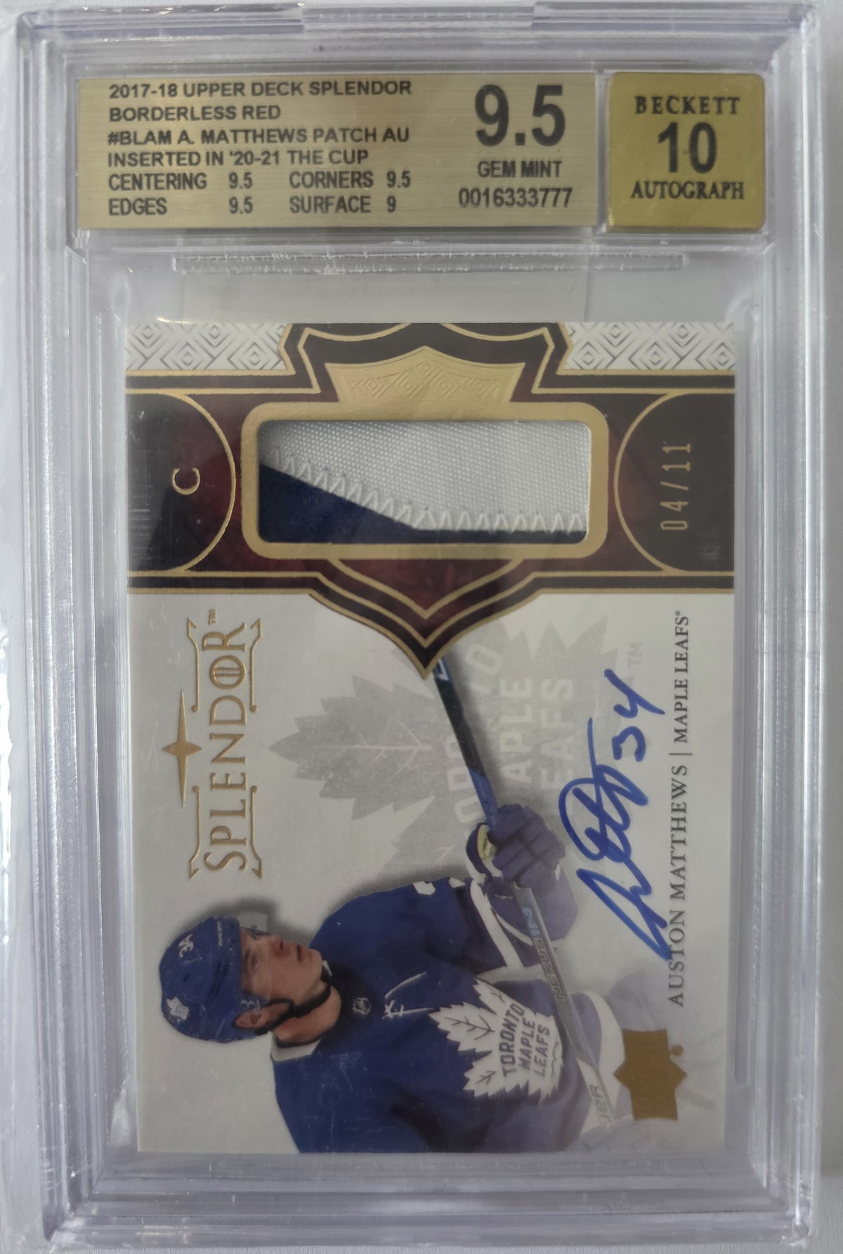Auston Matthews – 2020-21 The Cup 2017-18 Splendor Borderless Red Patch Auto