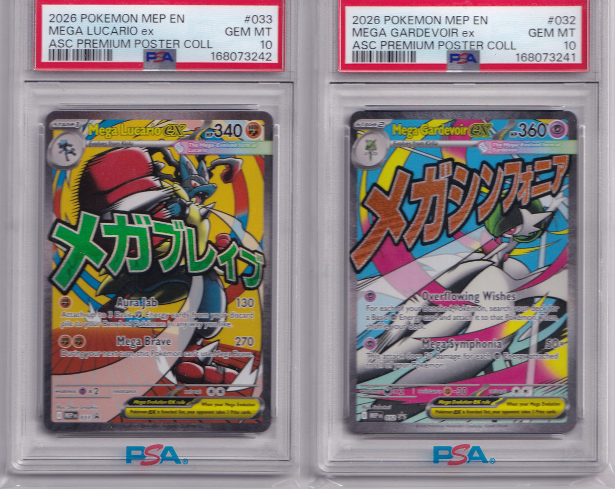 Mega Lucario ex #033 + Mega Gardevoir ex #032 – PSA 10 GEM MINT – Sequential Set