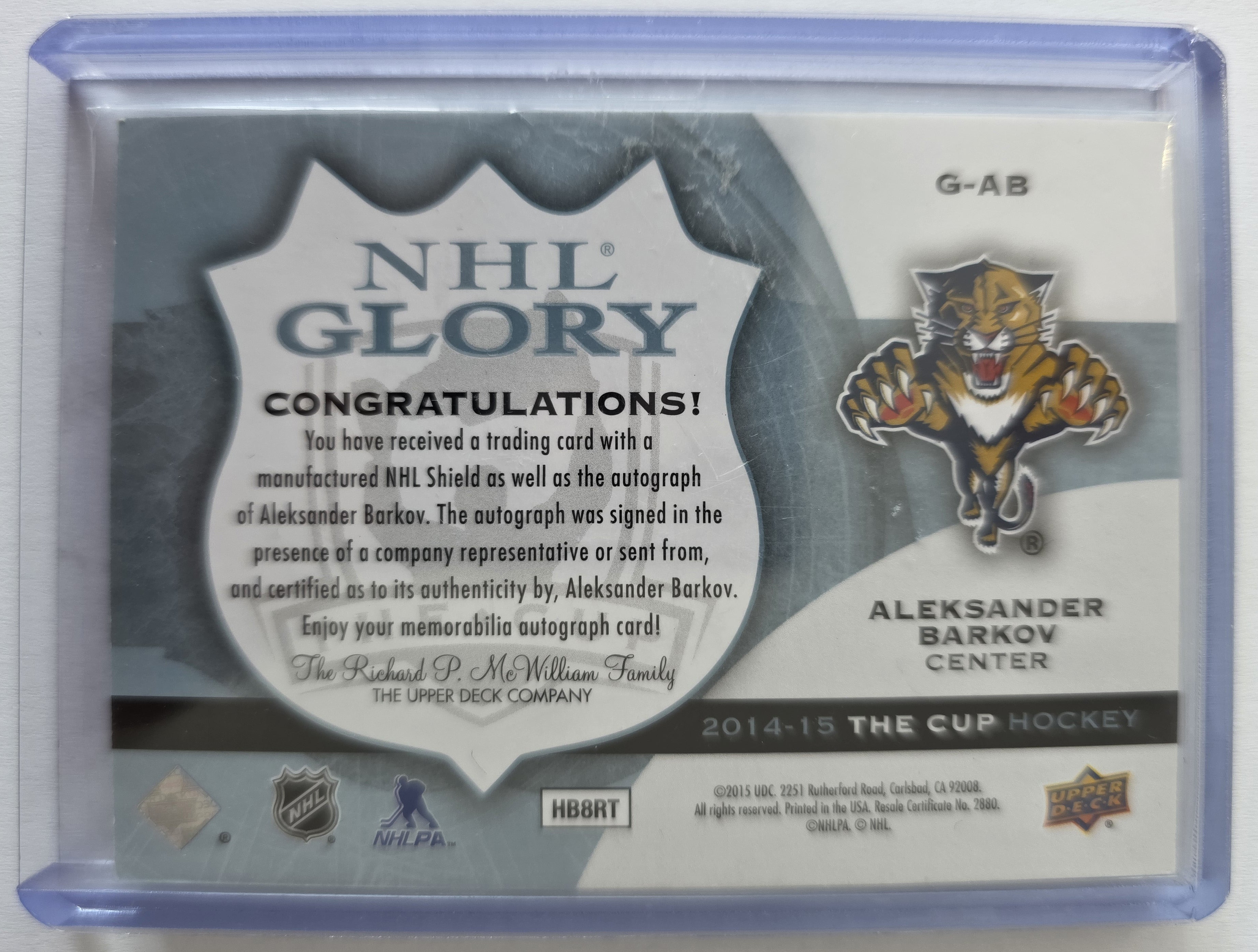 Aleksander Barkov – 2014-15 Upper Deck The Cup NHL Glory Auto #G-AB 03/10