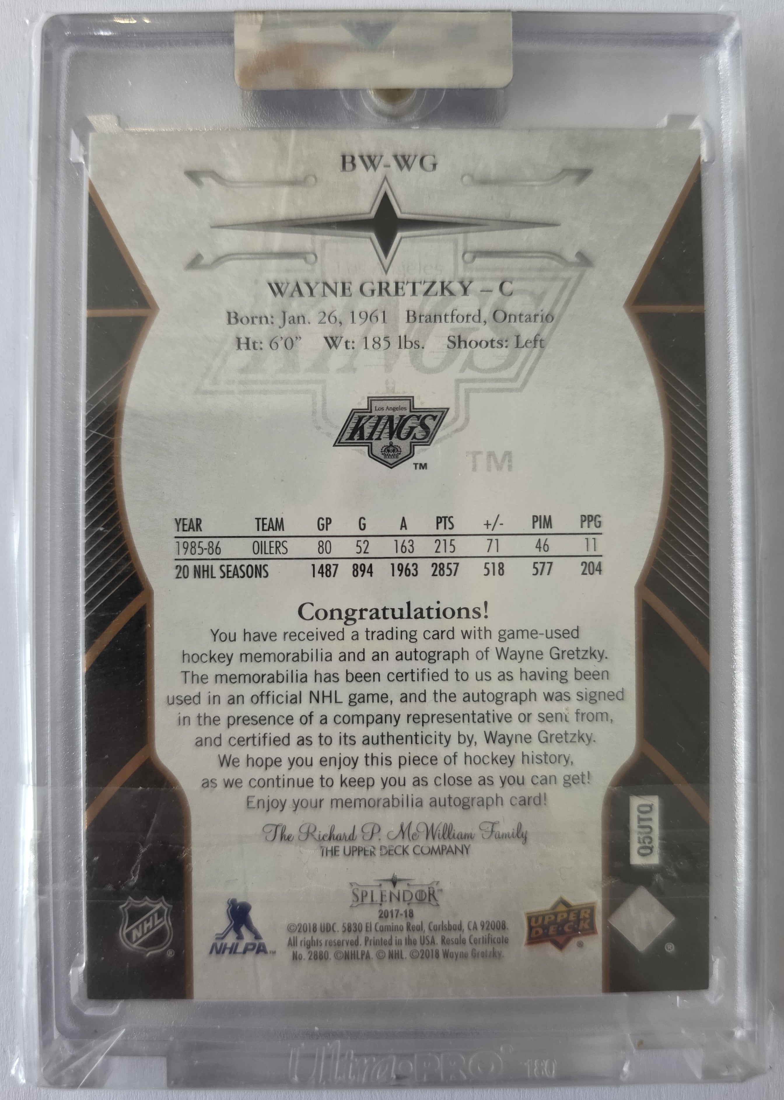 Wayne Gretzky – 2017-18 Upper Deck Splendor Black & White Copper Patch Auto