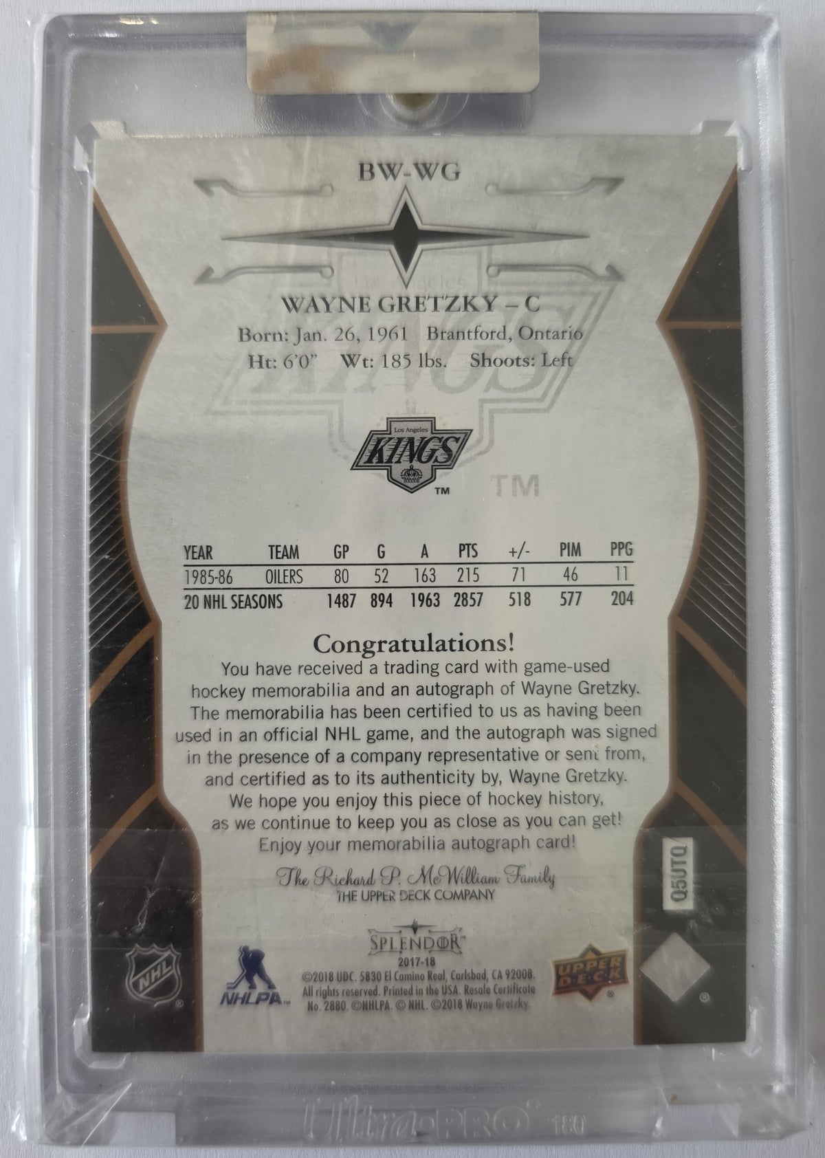 Wayne Gretzky – 2017-18 Upper Deck Splendor Black & White Copper Patch Auto