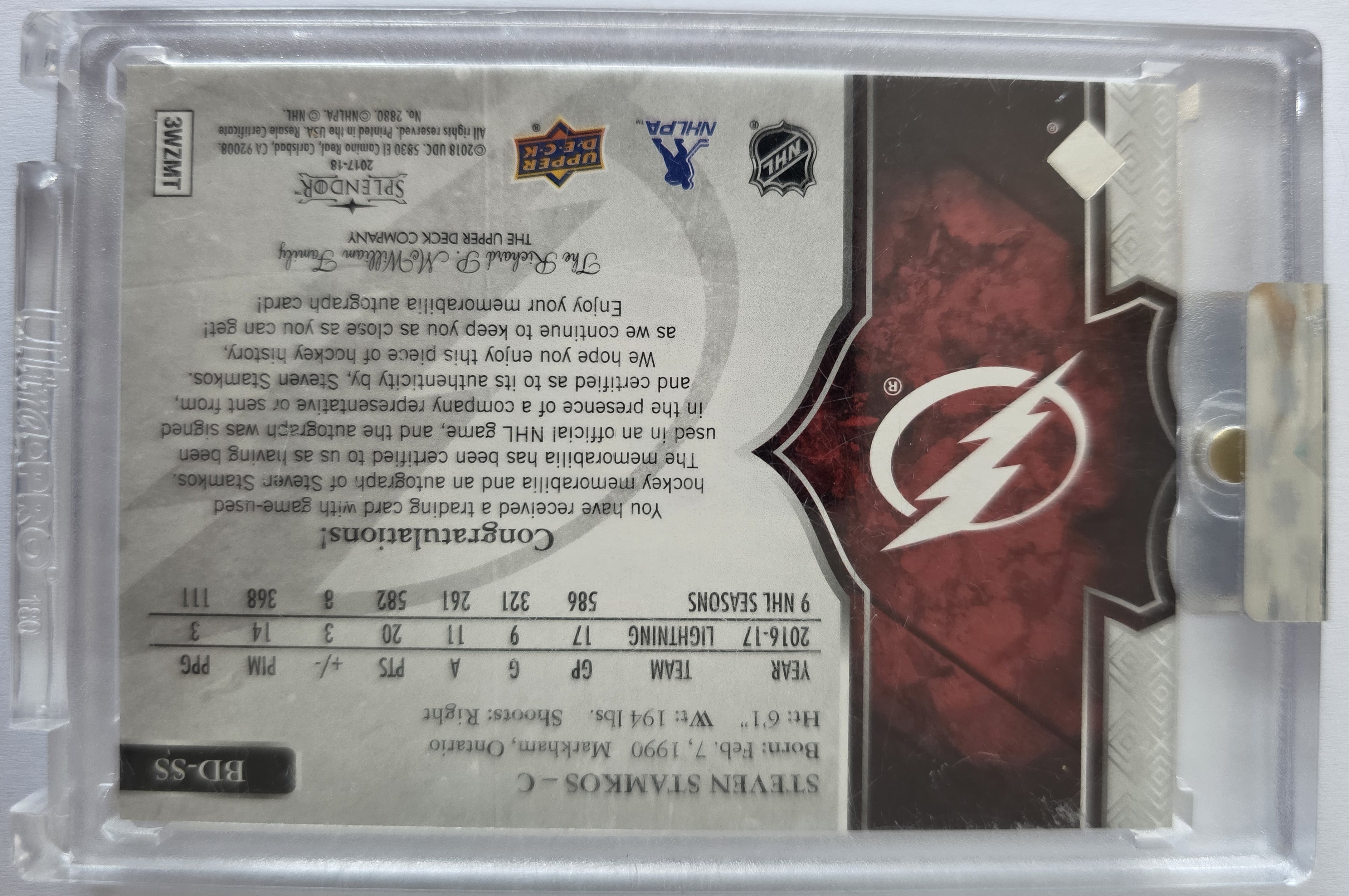 Steven Stamkos – 2017-18 Upper Deck Splendor Bordered Red Patch Auto #BD-SS 06/11