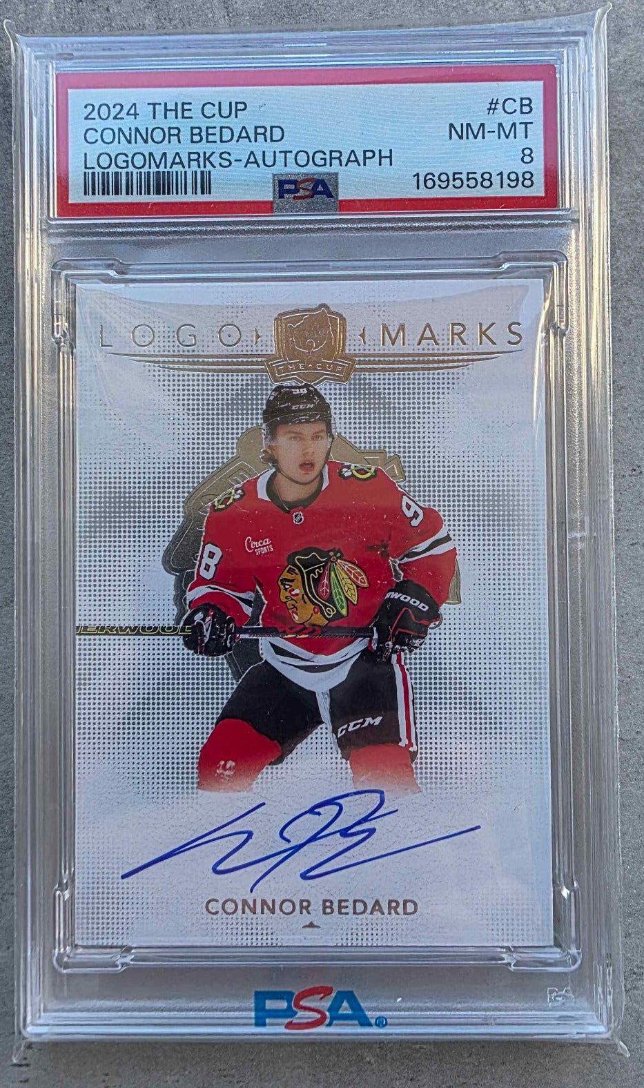 Connor Bedard 2024-25 Upper Deck The Cup Logomarks Autograph #LM-CB – PSA 8 – Chicago Blackhawks