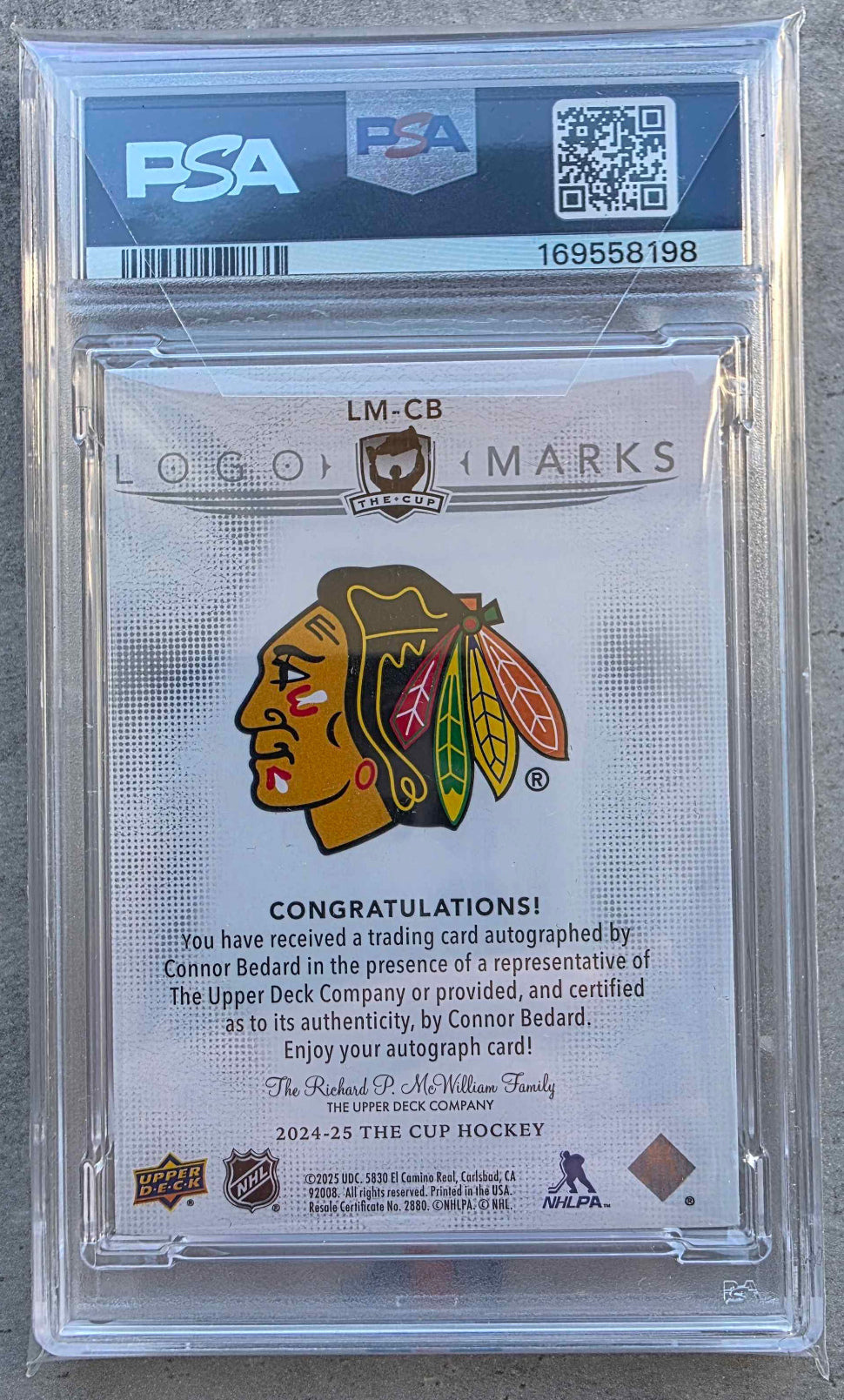 Connor Bedard 2024-25 Upper Deck The Cup Logomarks Autograph #LM-CB – PSA 8 – Chicago Blackhawks