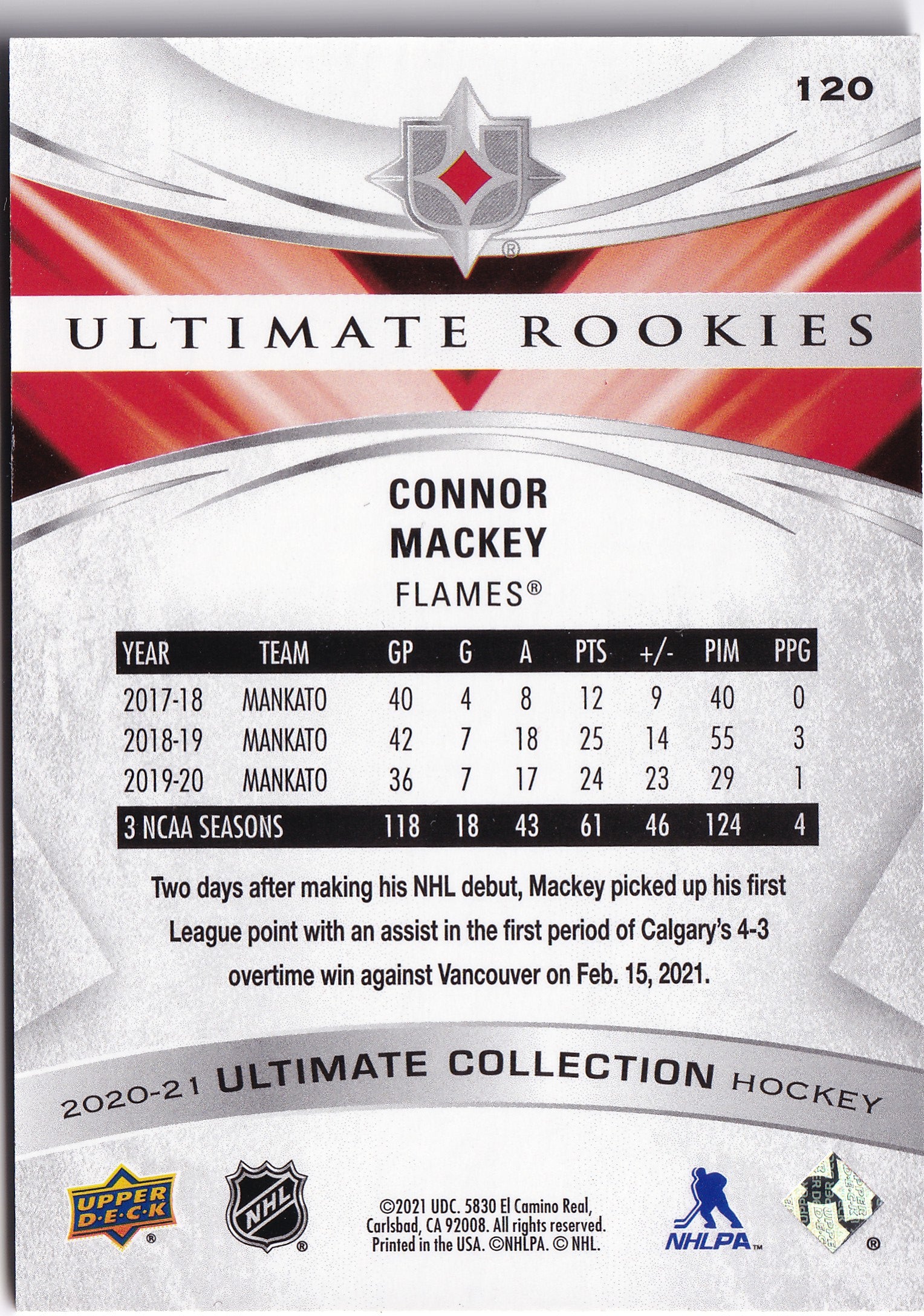 Connor Mackey 2020-21 Upper Deck Ultimate Collection Ultimate Rookies #120 /299 RC