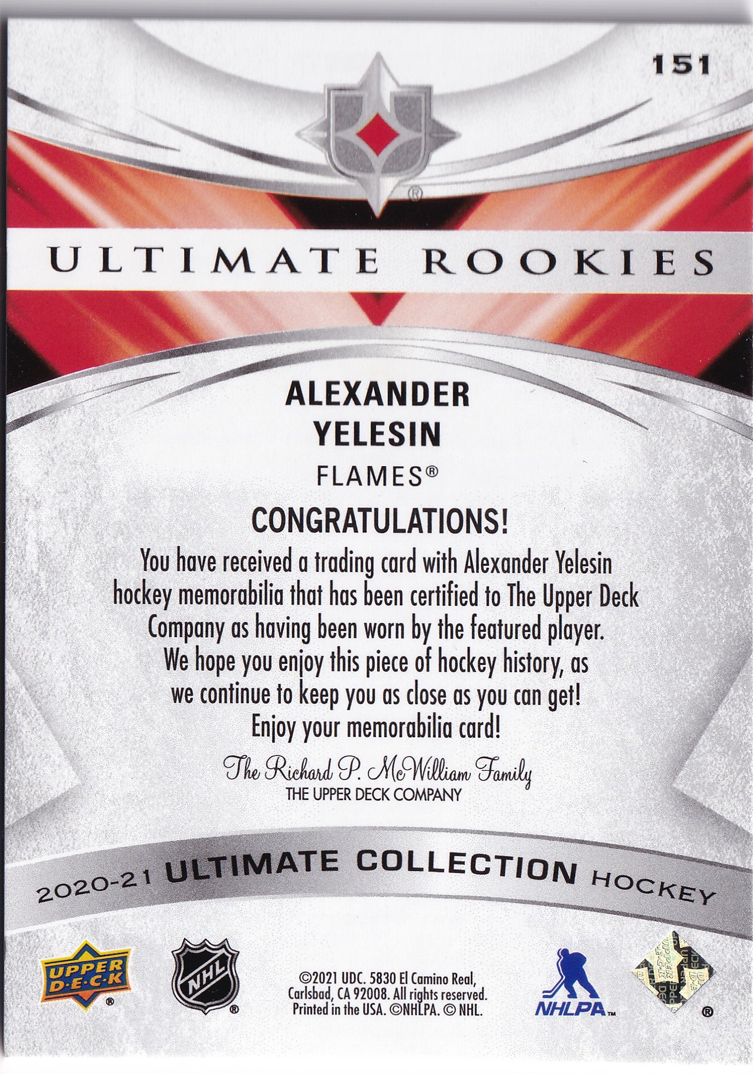 Alexander Yelesin 2020-21 Upper Deck Ultimate Collection Ultimate Rookies Jersey #151 /649 RC