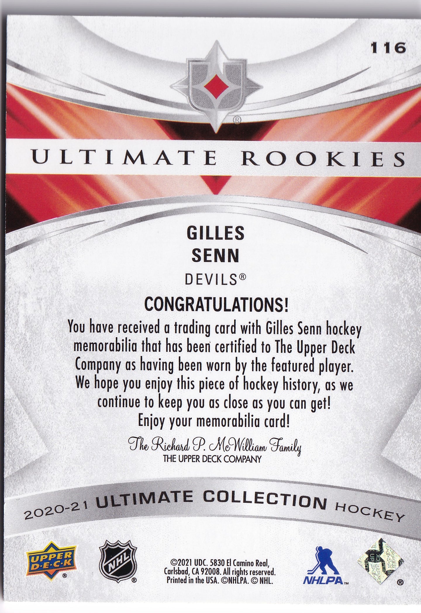 Gilles Senn 2020-21 Upper Deck Ultimate Collection Ultimate Rookies Jersey #116 /649 RC