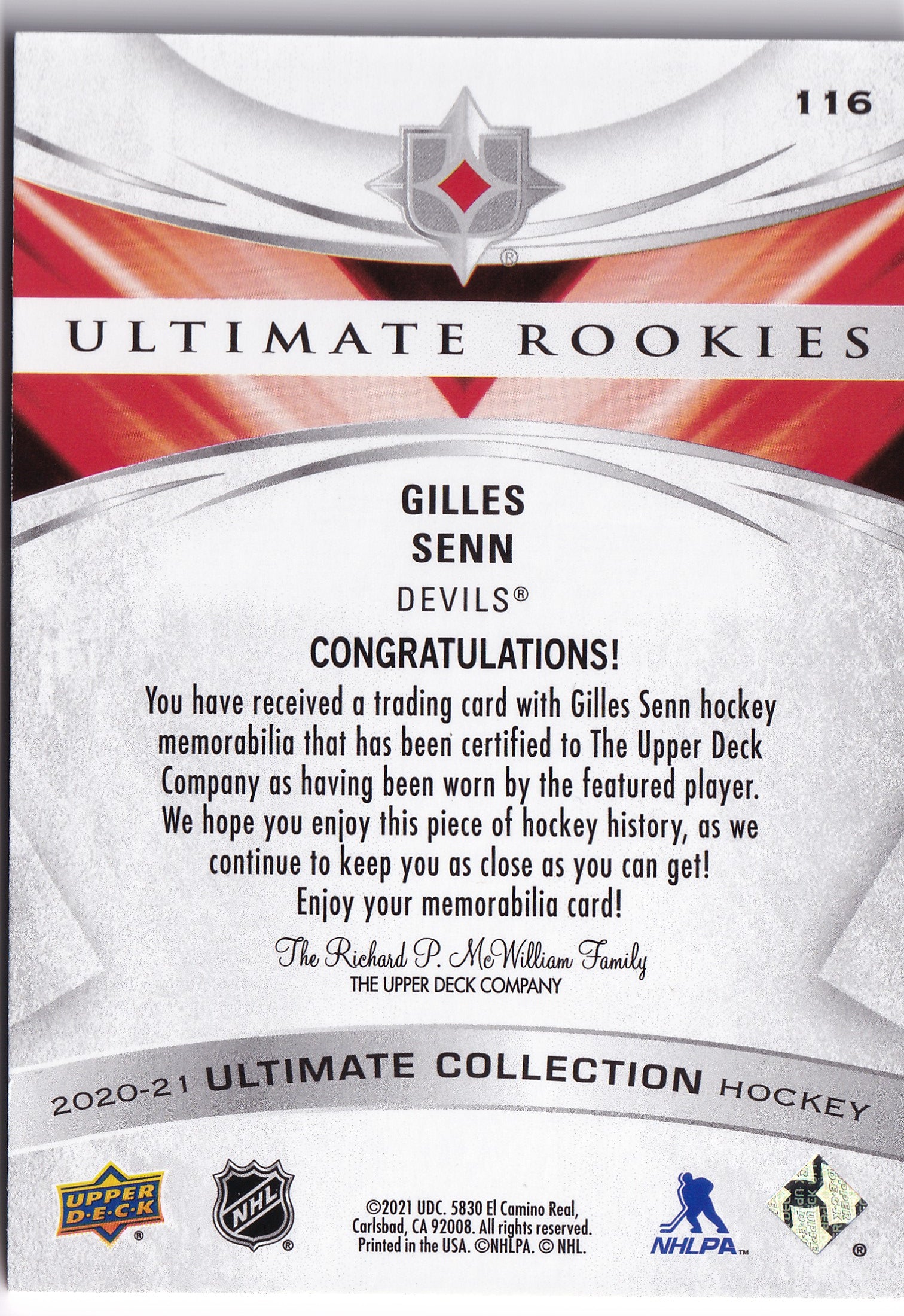 Gilles Senn 2020-21 Upper Deck Ultimate Collection Ultimate Rookies Jersey #116 /649 RC