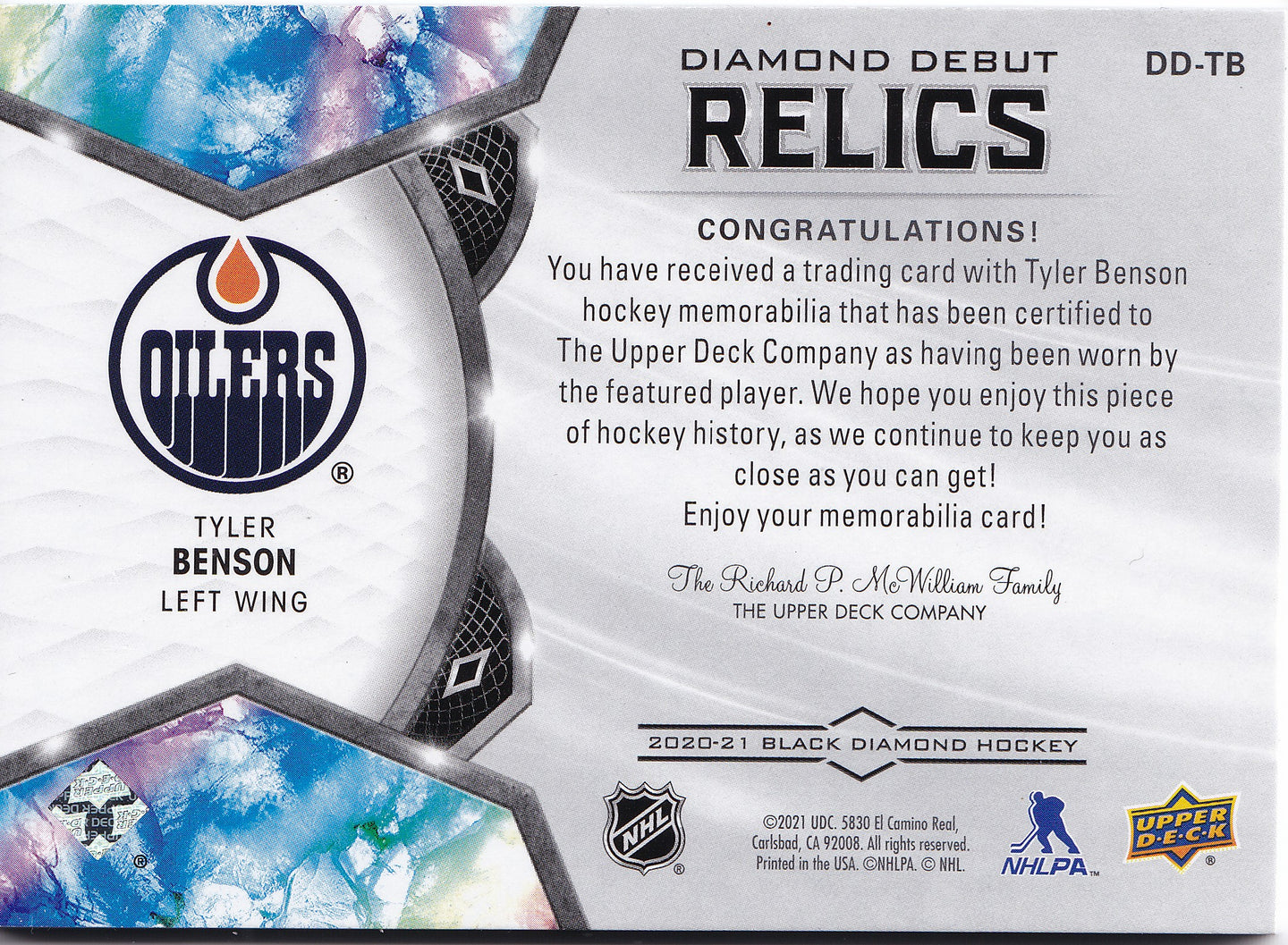 Tyler Benson 2020-21 Upper Deck Black Diamond Diamond Debut Relics #DD-TB /399 RC