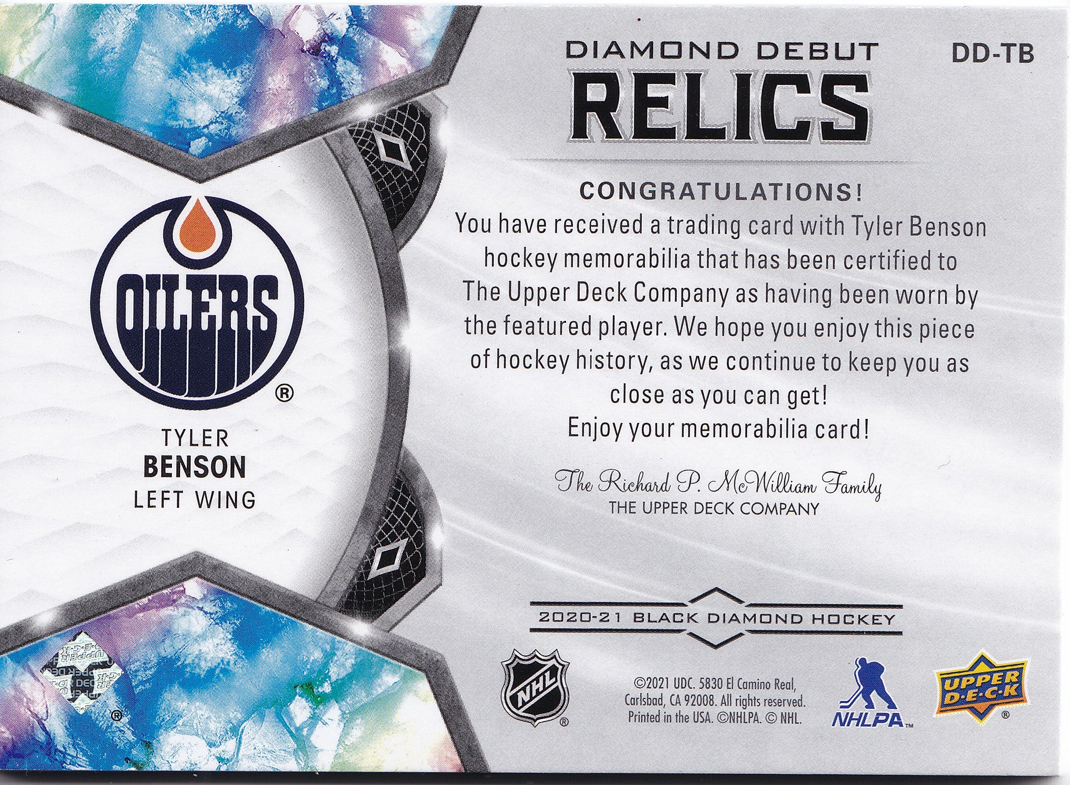 Tyler Benson 2020-21 Upper Deck Black Diamond Diamond Debut Relics #DD-TB /399 RC
