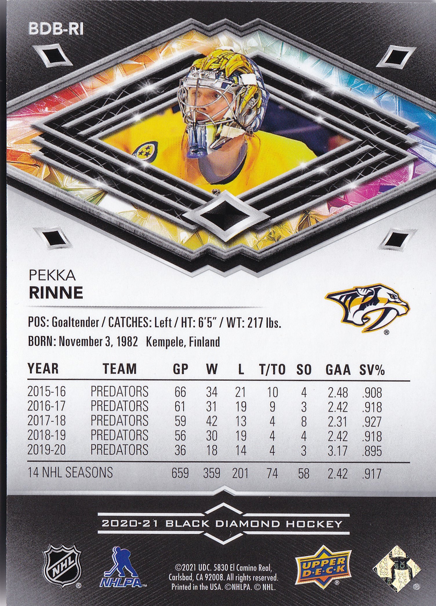 Pekka Rinne 2020-21 Upper Deck Black Diamond #BDB-RI /349