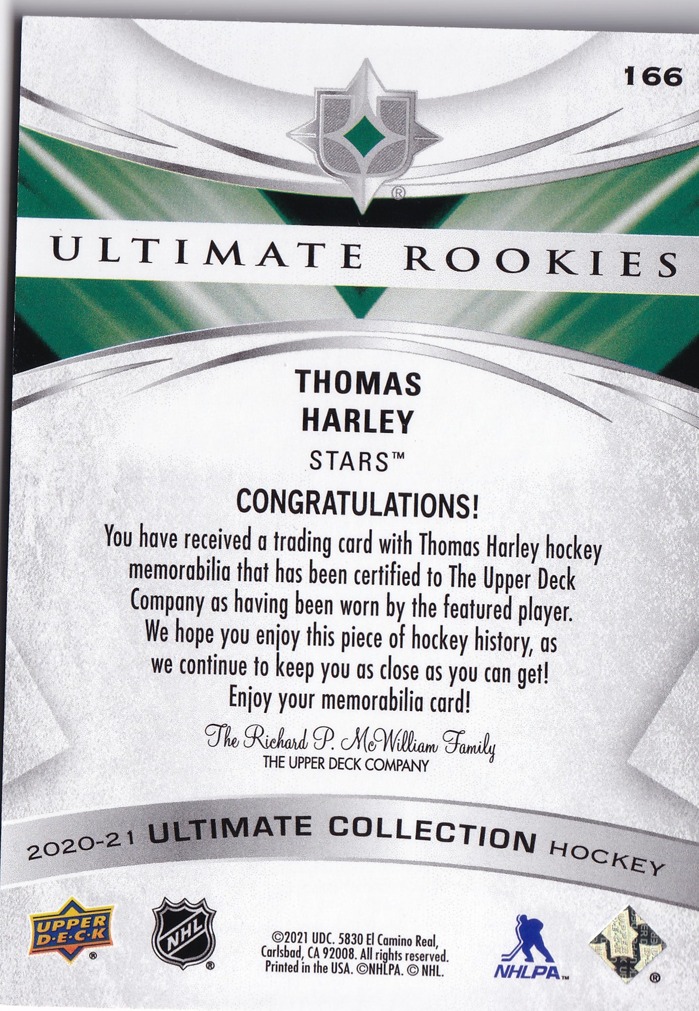 Thomas Harley 2020-21 Upper Deck Ultimate Collection Ultimate Rookies Jersey #166 /649 RC