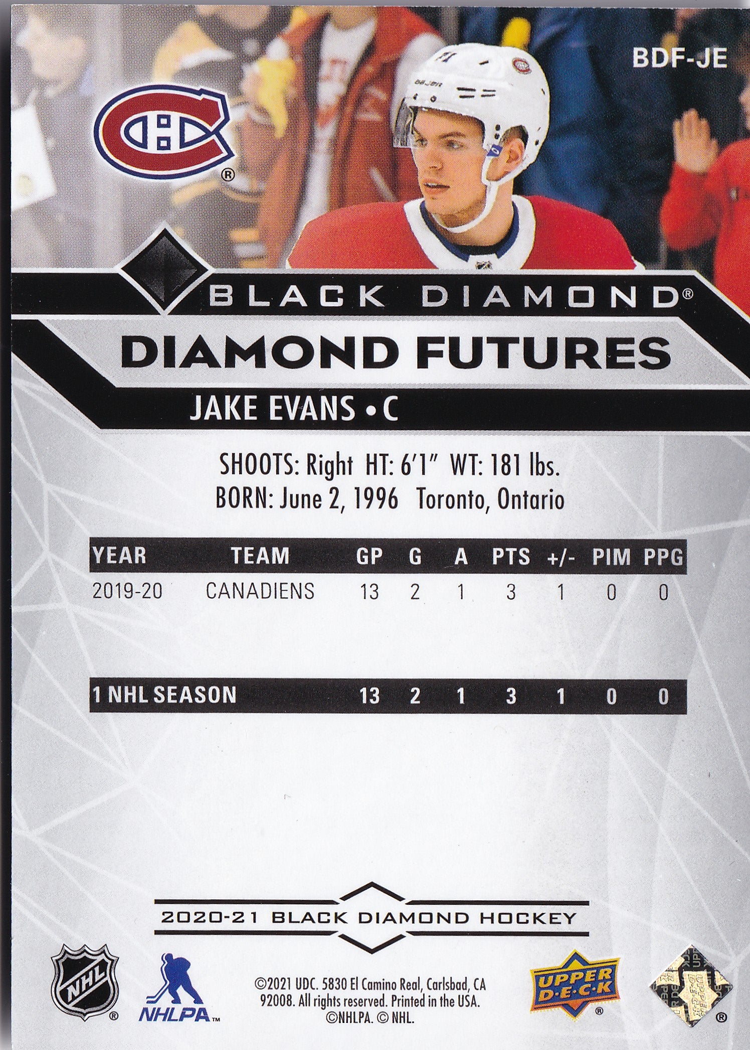 Jake Evans 2020-21 Upper Deck Black Diamond Diamond Futures #BDF-JE /349 RC