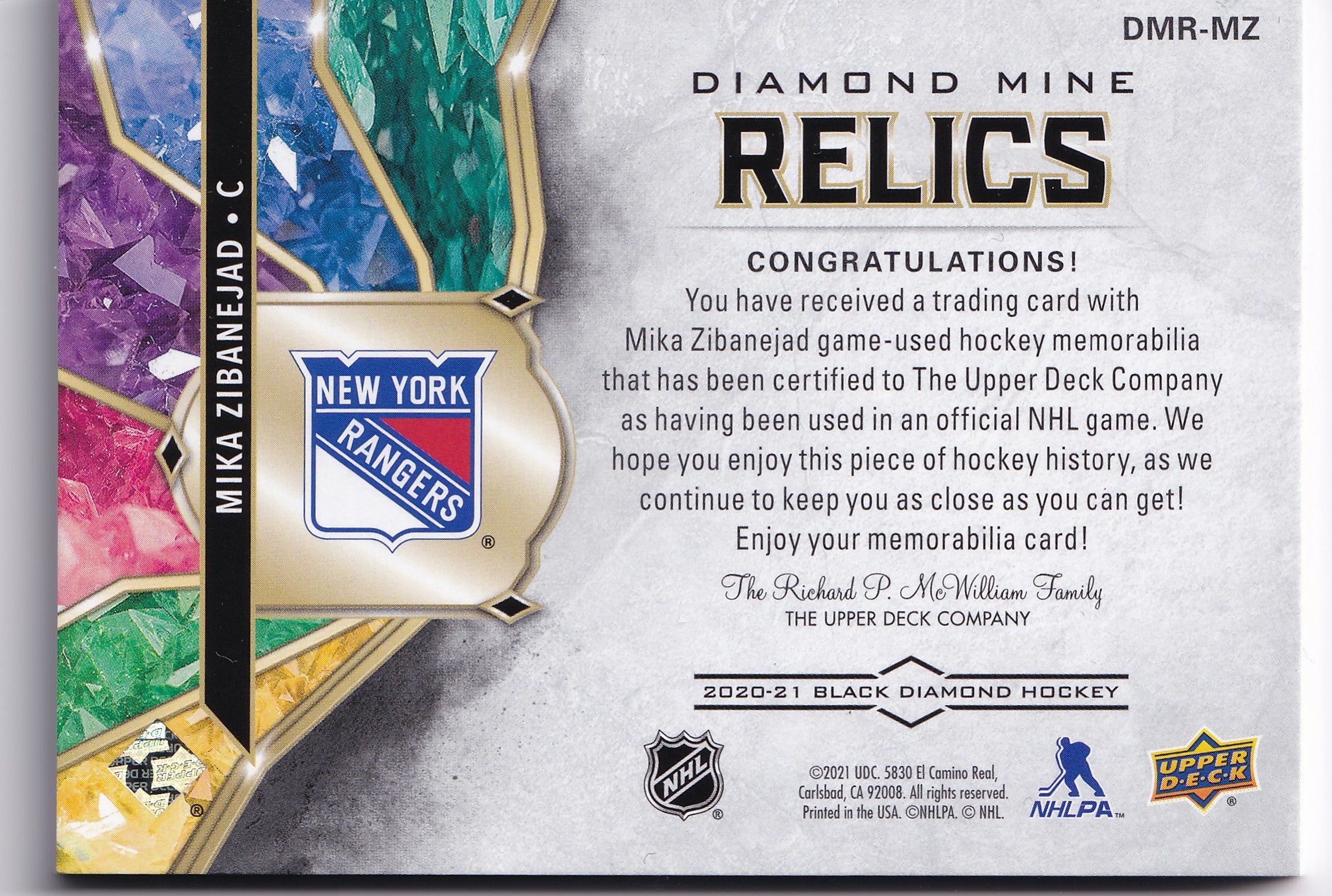 Mika Zibanejad 2020-21 Upper Deck Black Diamond Diamond Mine Relics #DMR-MZ