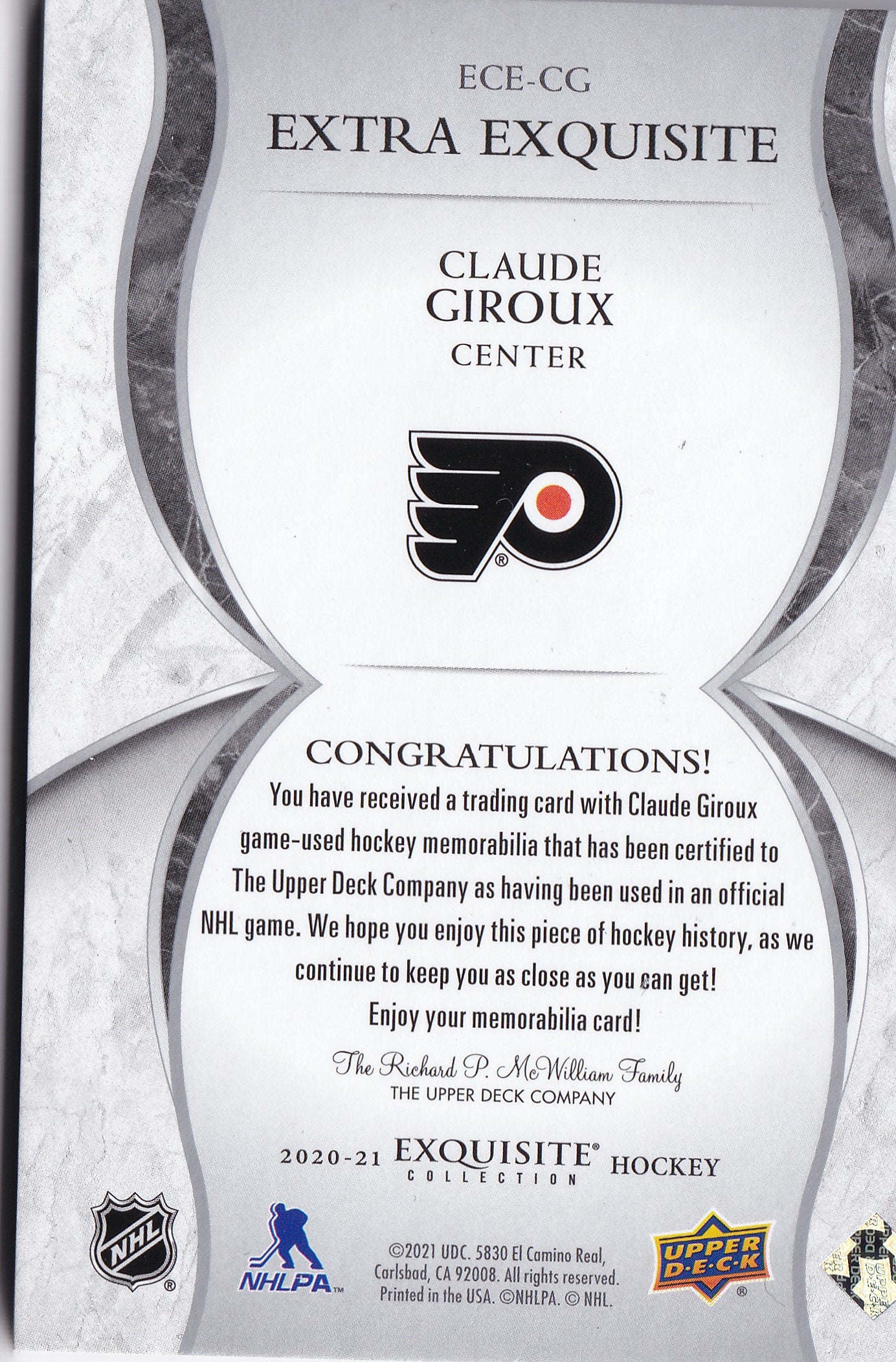 Claude Giroux 2020-21 Upper Deck Black Diamond Extra Exquisite Jersey #ECE-CG /149