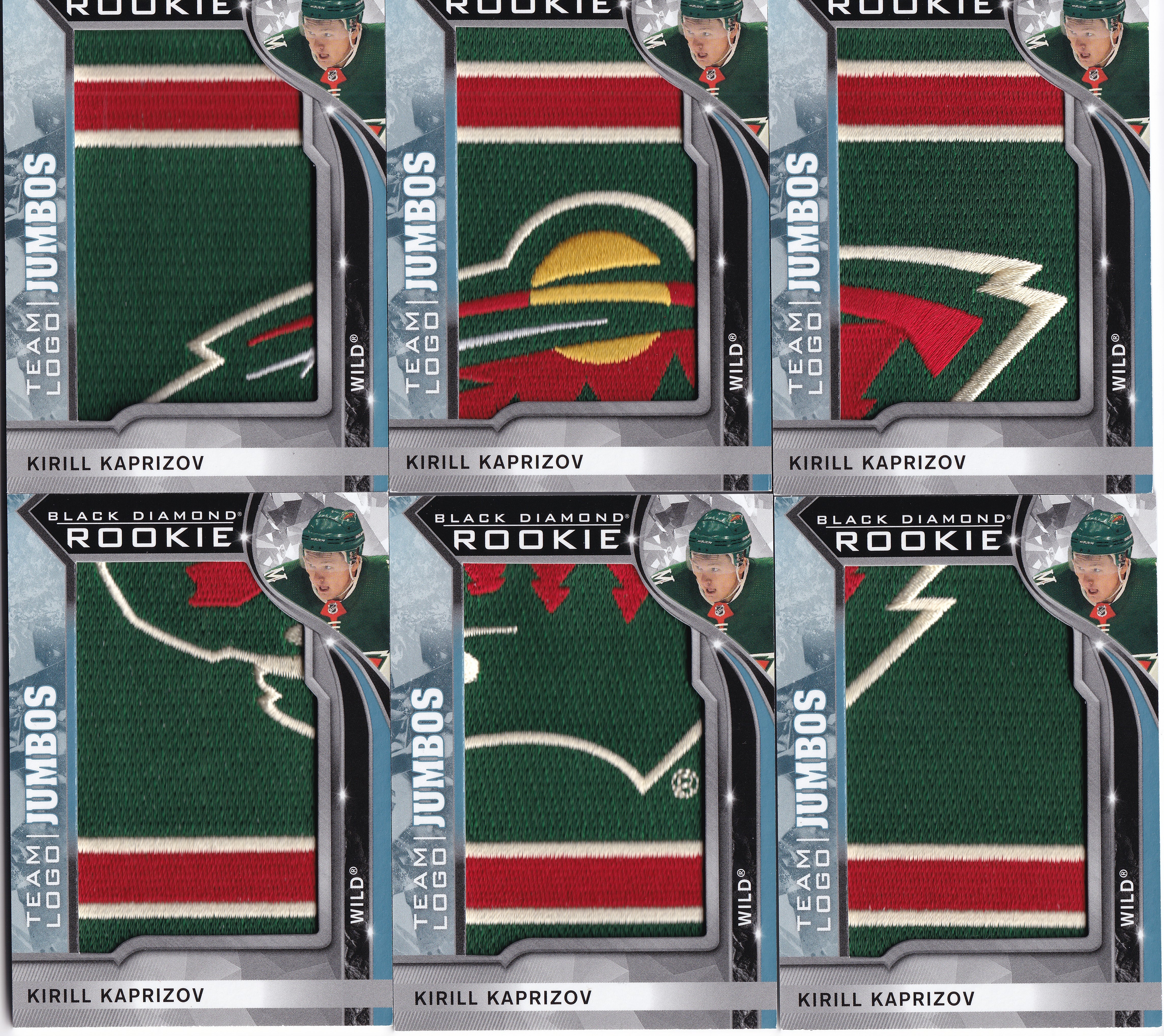Kirill Kaprizov 2020-21 Upper Deck Black Diamond Rookie Team Logo Jumbos – kompletní 6karetní set
