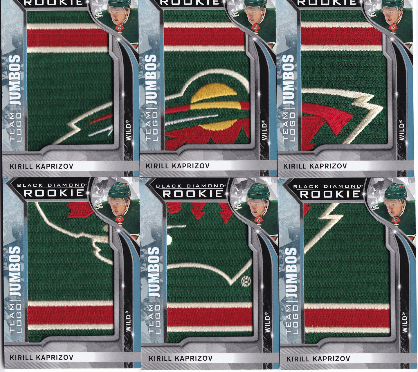 Kirill Kaprizov 2020-21 Upper Deck Black Diamond Rookie Team Logo Jumbos – kompletní 6karetní set