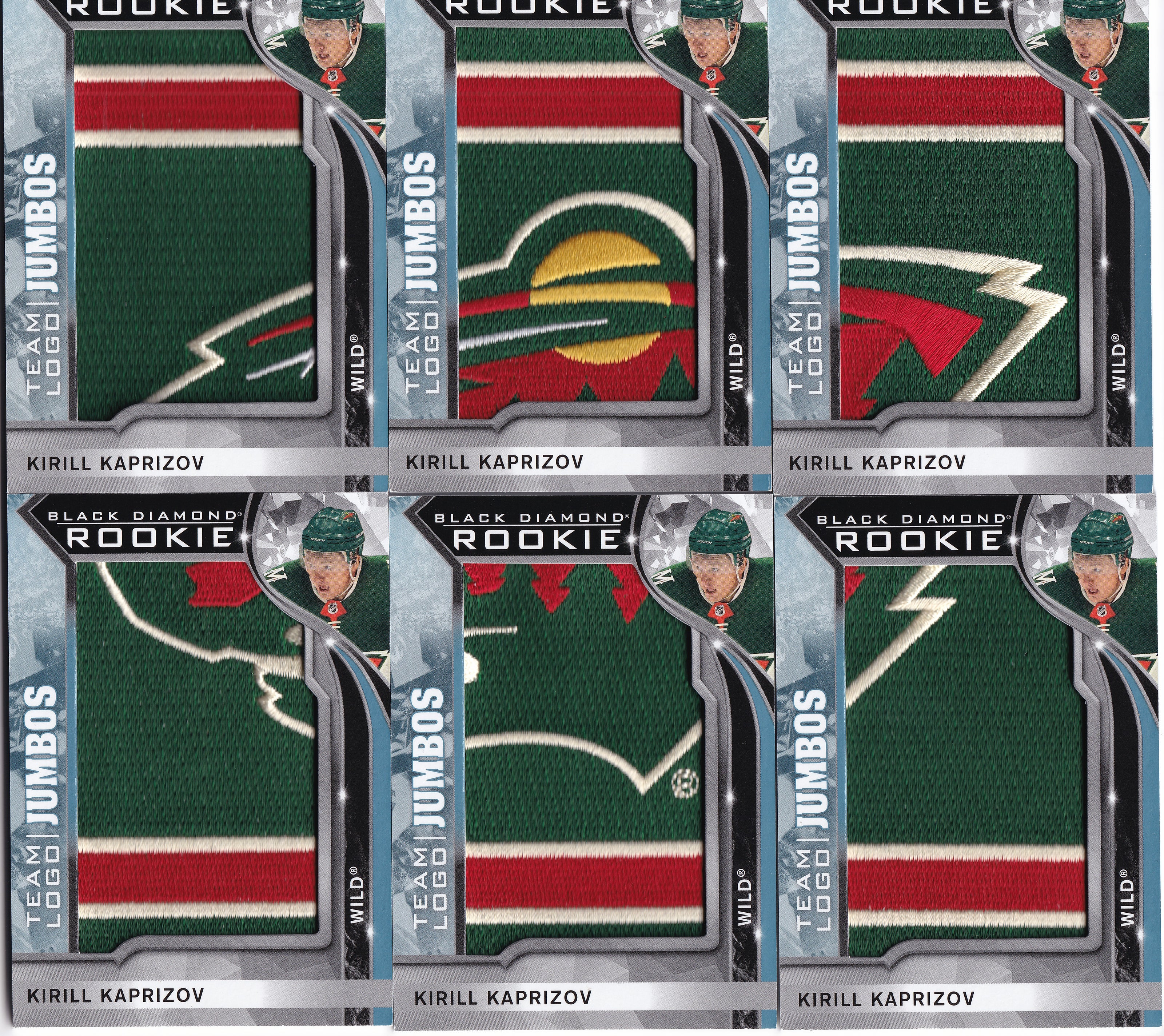 Kirill Kaprizov 2020-21 Upper Deck Black Diamond Rookie Team Logo Jumbos – kompletní 6karetní set