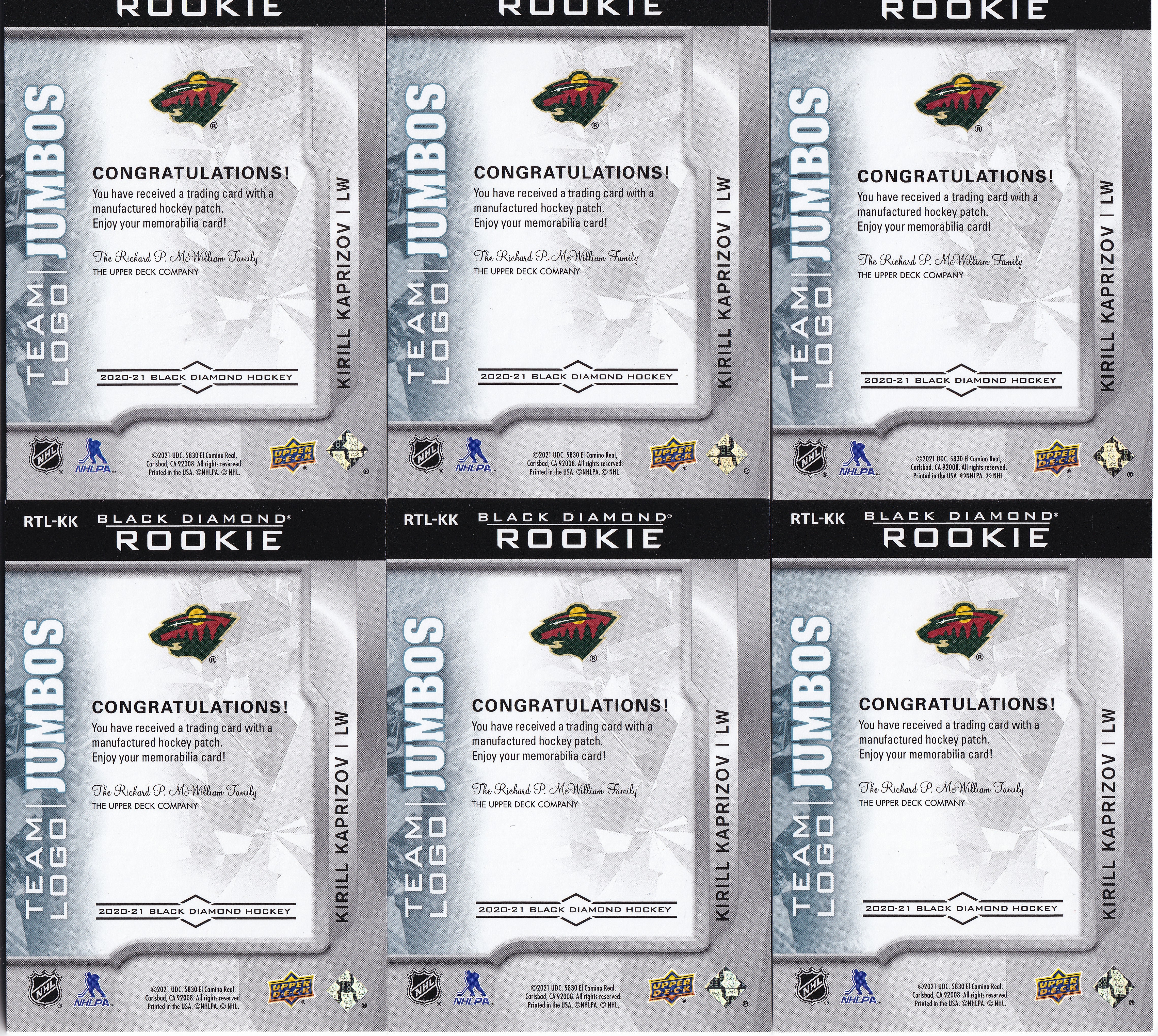 Kirill Kaprizov 2020-21 Upper Deck Black Diamond Rookie Team Logo Jumbos – kompletní 6karetní set