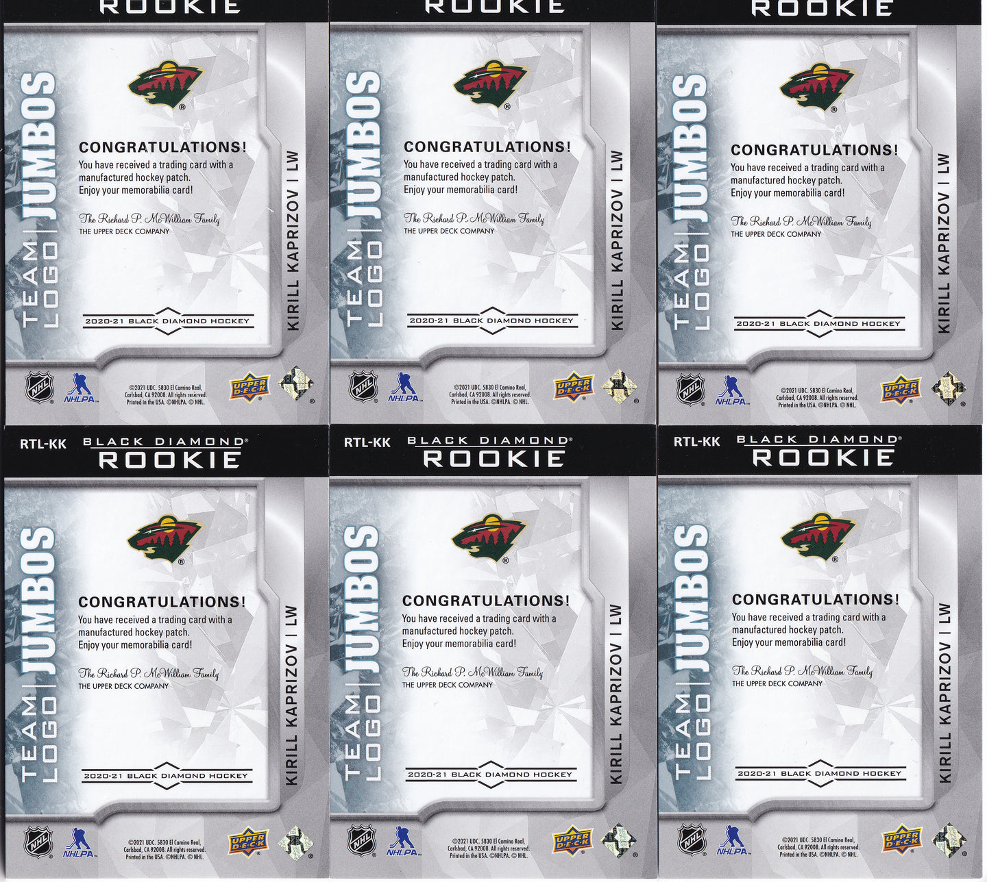 Kirill Kaprizov 2020-21 Upper Deck Black Diamond Rookie Team Logo Jumbos – kompletní 6karetní set