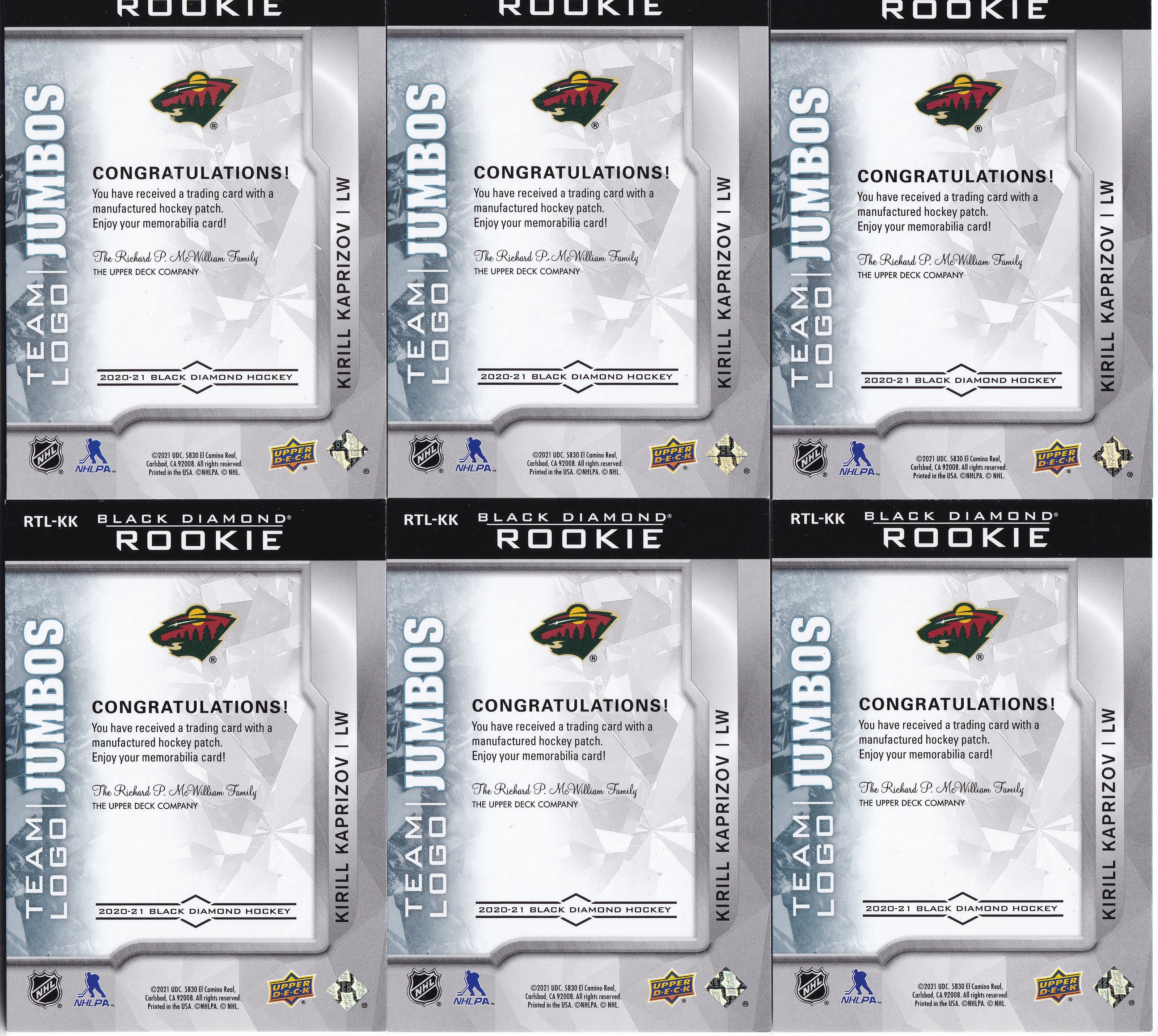 Kirill Kaprizov 2020-21 Upper Deck Black Diamond Rookie Team Logo Jumbos – kompletní 6karetní set