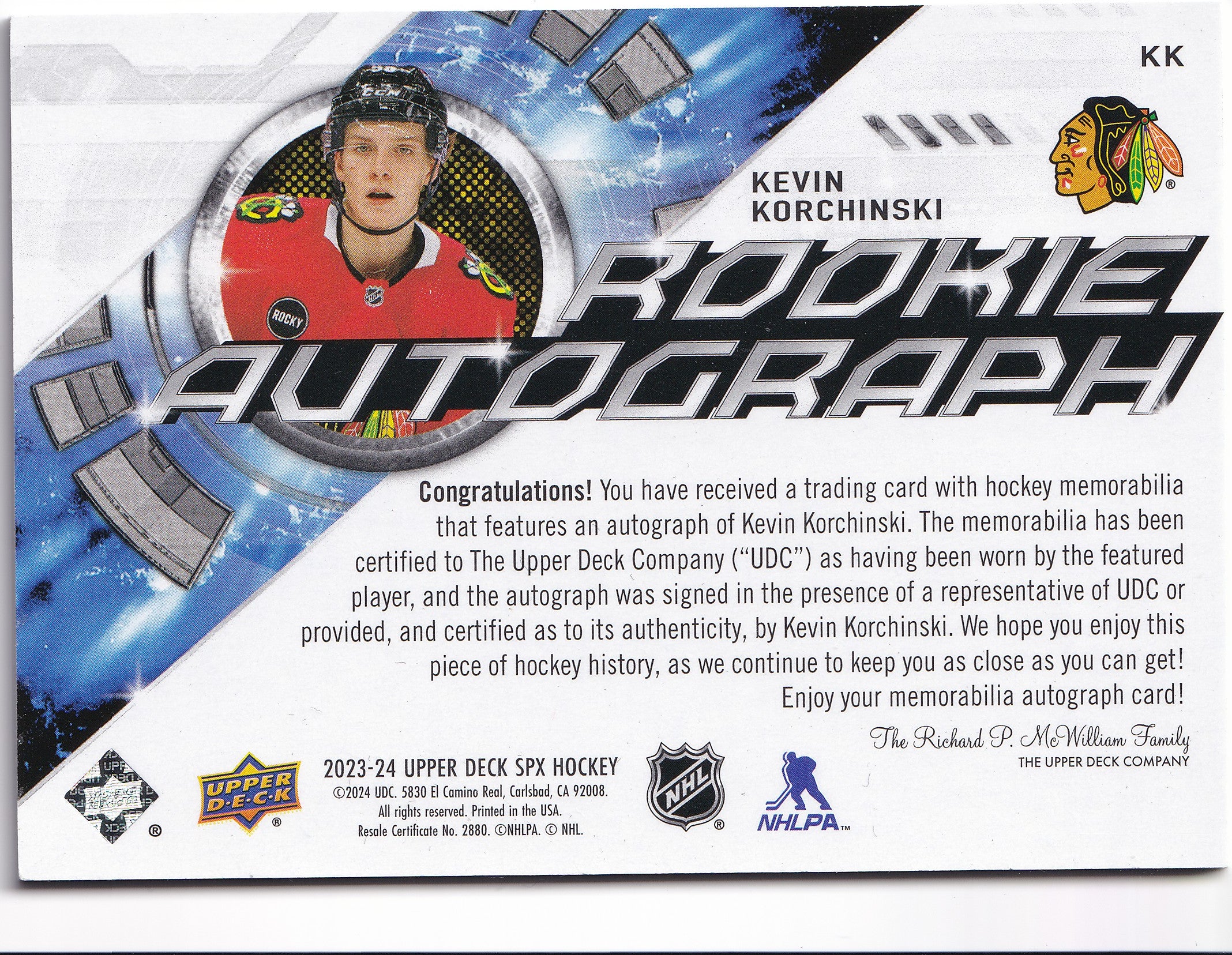 Kevin Korchinski 2023-24 Upper Deck SPx Rookie Autograph Jersey #KK /375 RC