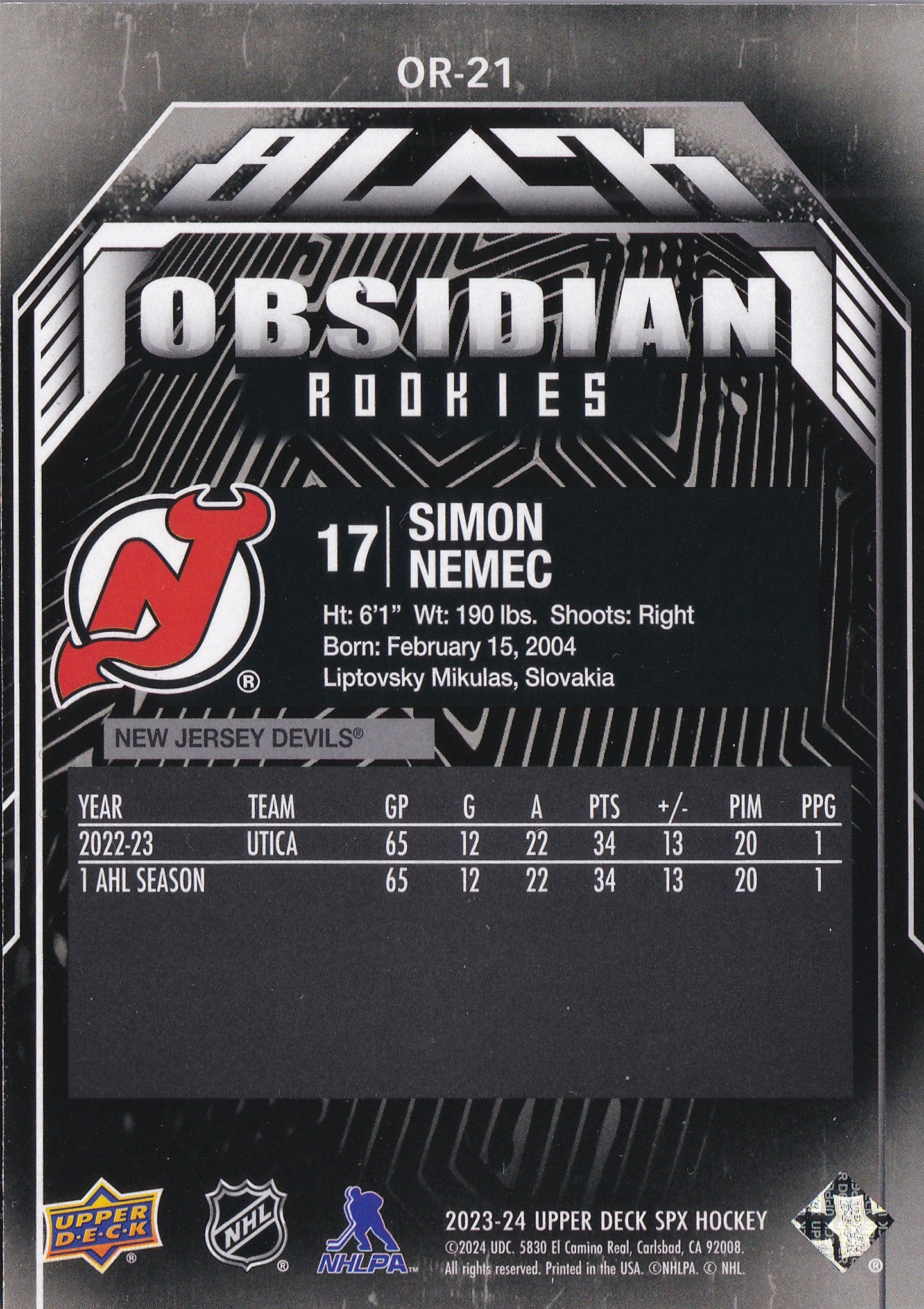 Simon Nemec 2023-24 Upper Deck SPx UD Black Obsidian Rookies #OR-21 /199 RC