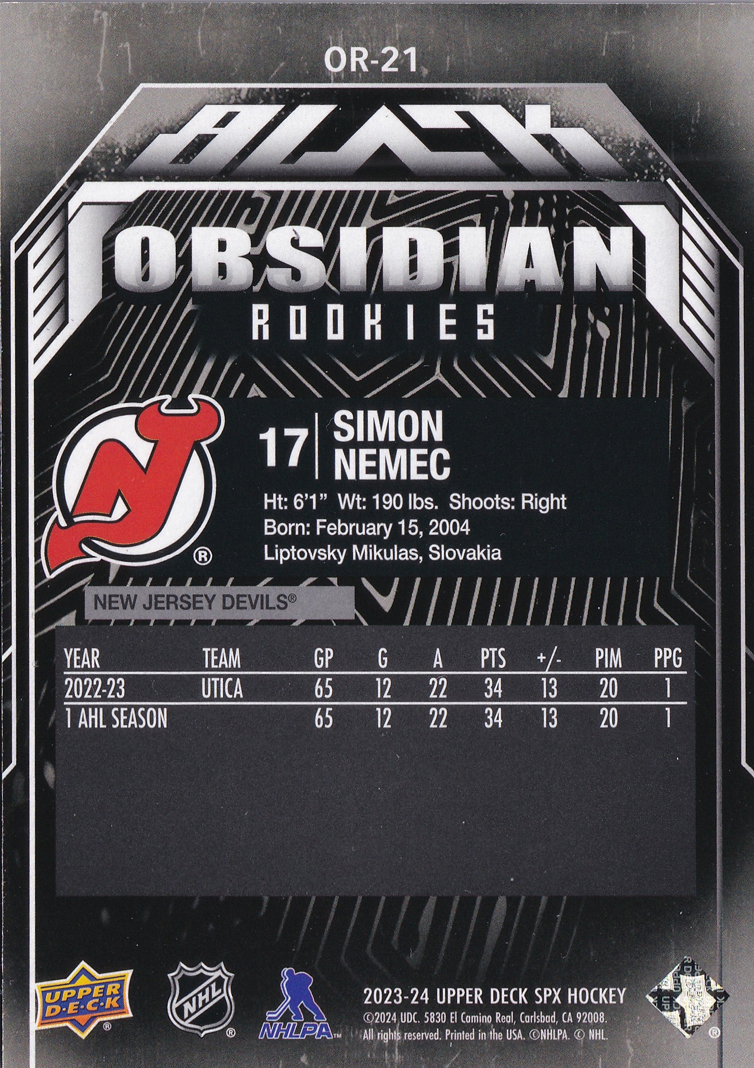 Simon Nemec 2023-24 Upper Deck SPx UD Black Obsidian Rookies #OR-21 /199 RC